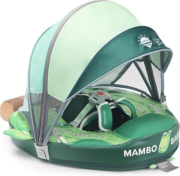 Mambobaby Float Upgrade Add Tail Baby Float with Canopy for Infant Waist Swimming Ring Swim Trainer Non-Inflatable Floats Toys with Adjustable Safety Strap Green - Crocodiles
