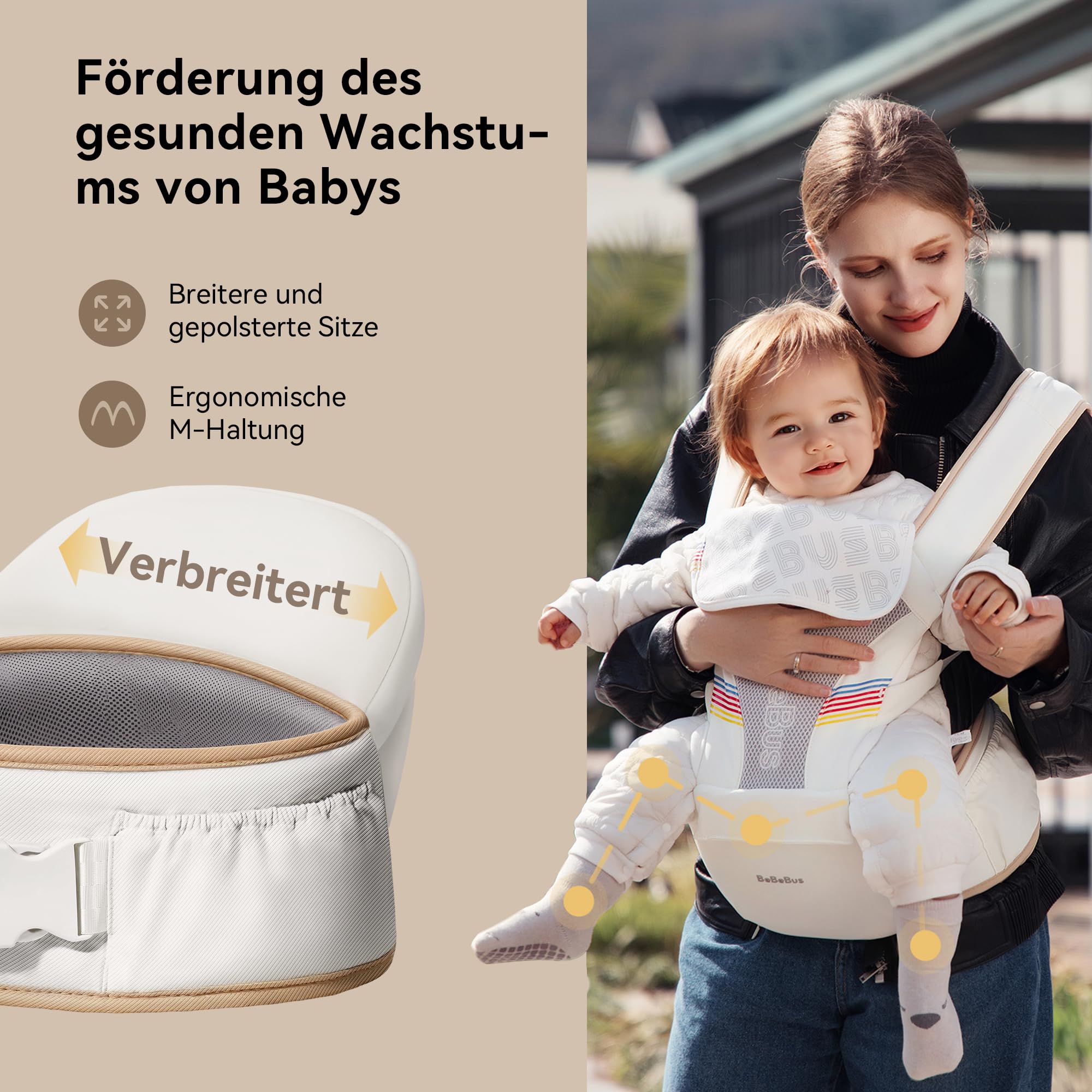 Babytrage mit Hüftkissen, 2-in-1 Verstellbar & Abnehmbar, Atmungsaktiv, Lendenstütze, für Neugeborene & Kleinkinder bis 20 kg