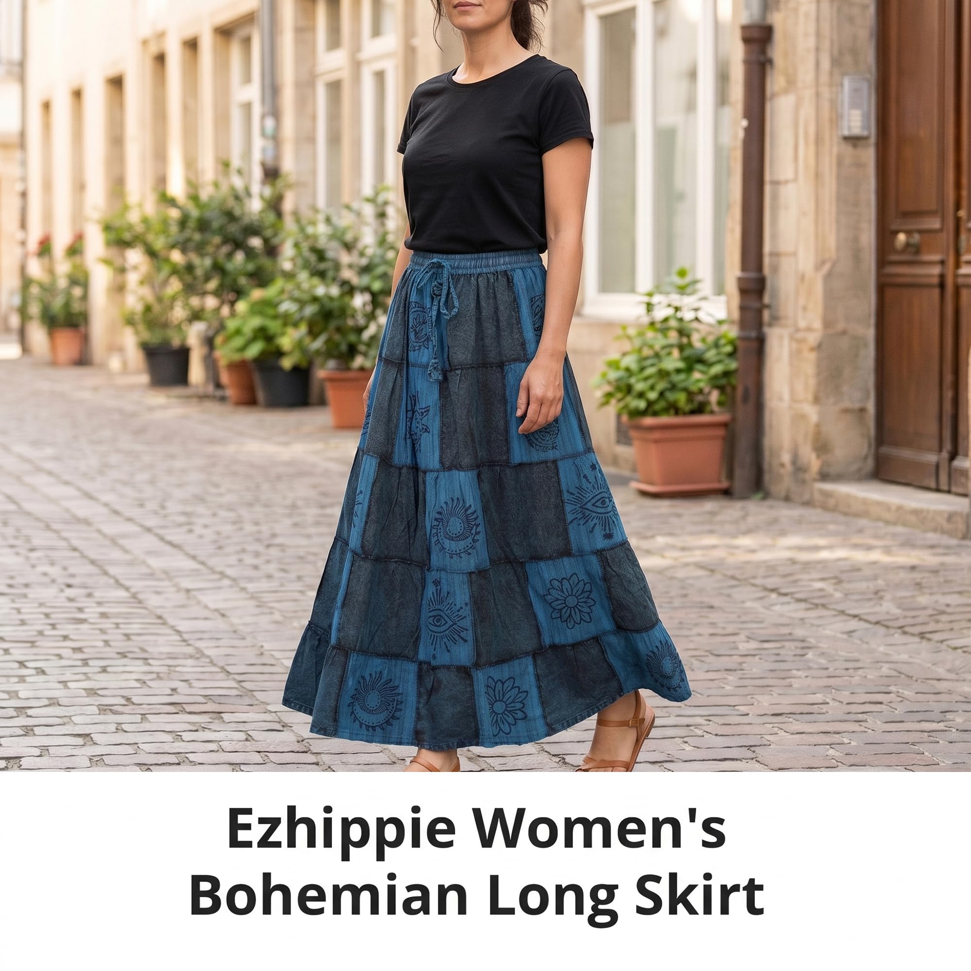 Ezhippie Langer Damenrock, Bohemian-Stil, Baumwolle, Patchwork, Hippie, Festival, , langer Rock