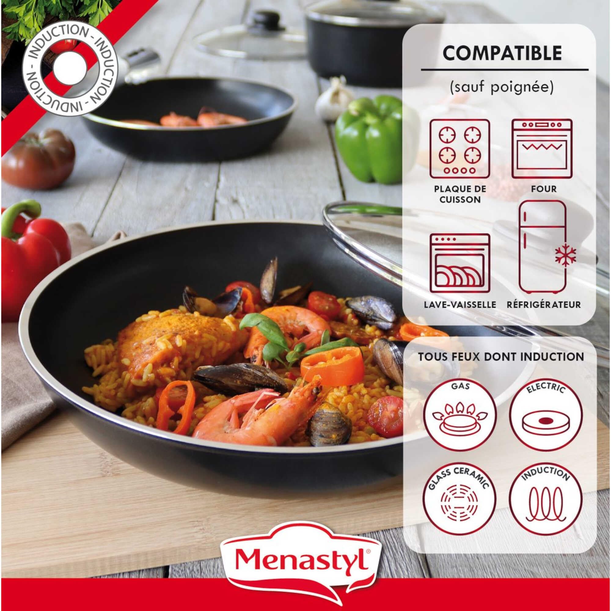 MENASTYL - Batterie de cuisine amovible 8 pièces antiadhésives tous feux dont induction et lave-vaisselle – Lot de 3 poêles 20/24/28 cm + 3 casseroles 16/18/20 cm + 2 poignées amovibles sécurisées
