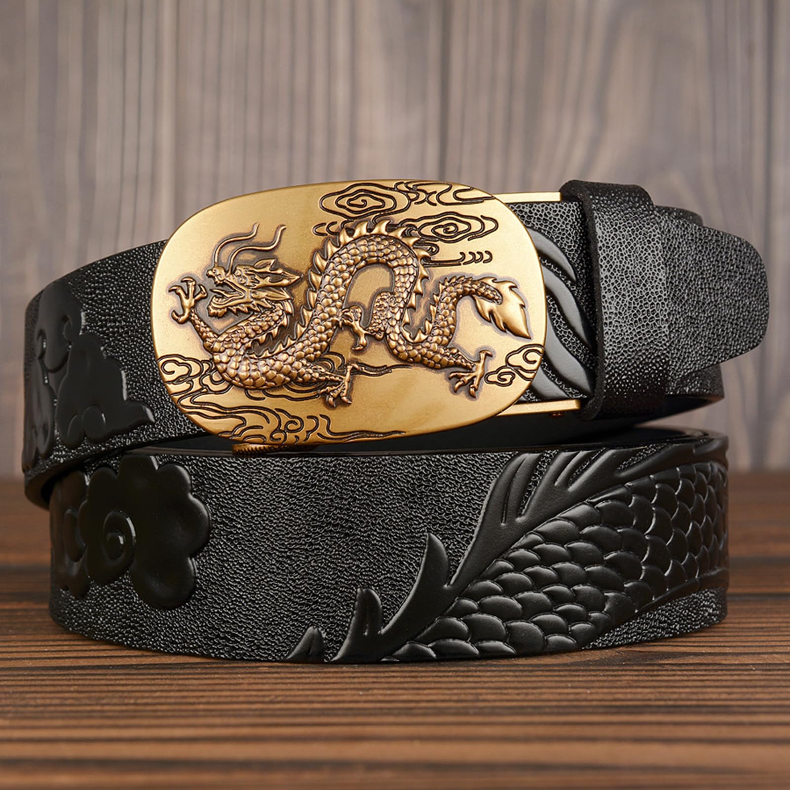 Cinturón De Trinquete para Hombre Hebilla Automática Deslizante Dragon Cinturones De Dragón Tallado En Relieve Longitud 110-130cm Correas De Cuero De Vaca(115cm/45, Black)