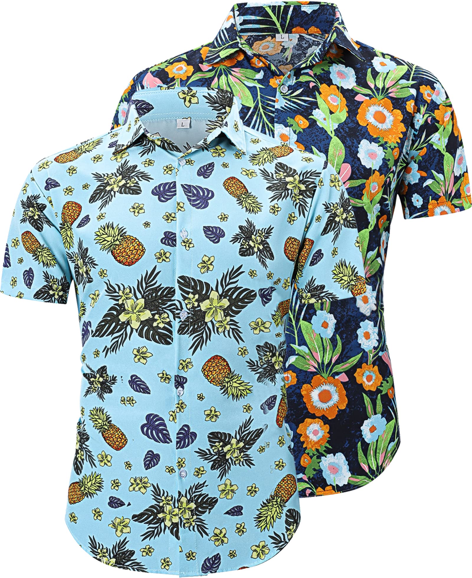 (Size 3XL) HOPLYNN 2 Pack Men's Hawaiian Tropical Shirt, Beach Holiday Fashion Button-Down Short Sleeves Party Hawaiian Shirt for Men