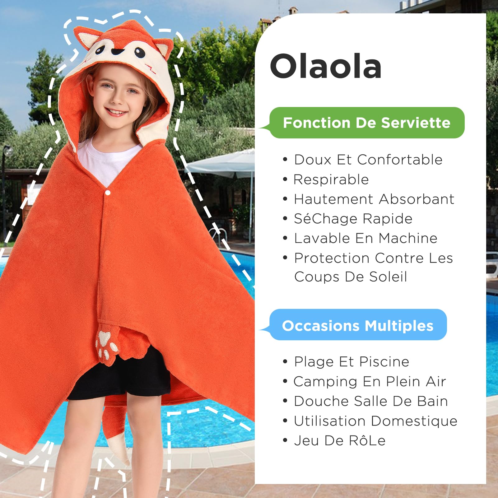 OLAOLA Serviette de Bain à Capuche pour Enfants, Serviettes de Plage en Microfibre Doux Natation Wrap, Enfant Peignoir À Langer, Poncho de Bain pour Garçons Filles de 3 à 12 Ans (Renard)