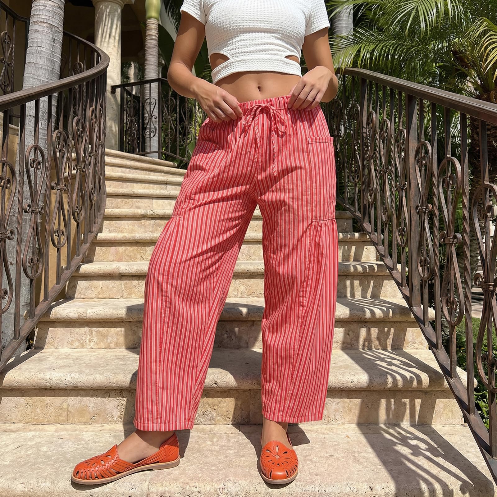 Sexy Outfit Pantalon Sarouel rayé en Coton et Lin pour Femmes, Ample, Jambes Larges, Cordon de Serrage, Pantalon de Plage avec Poches, vêtements de détente d'été