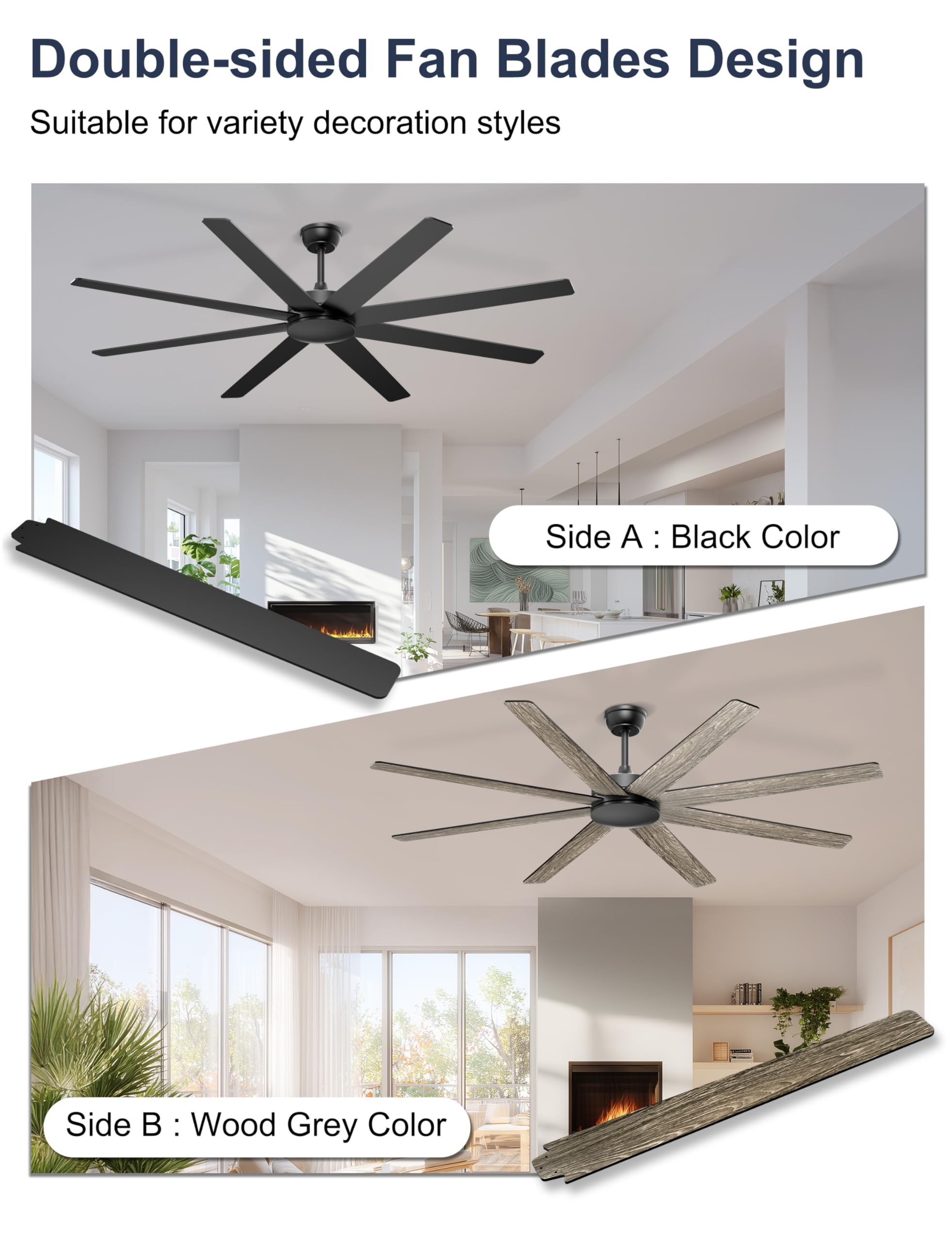 72 Large Ceiling Fans No Lights Modern Black Ceiling Fan Remote APP Control Quiet DC Motor Big Ceiling — view 2