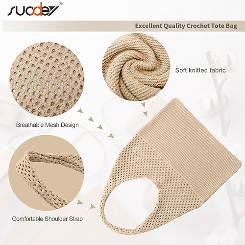 Vista 5 de SUOSDEY Bolsa de playa de malla de ganchillo, bolsa de mano de punto para vacaciones de verano estética bohemia para mujer