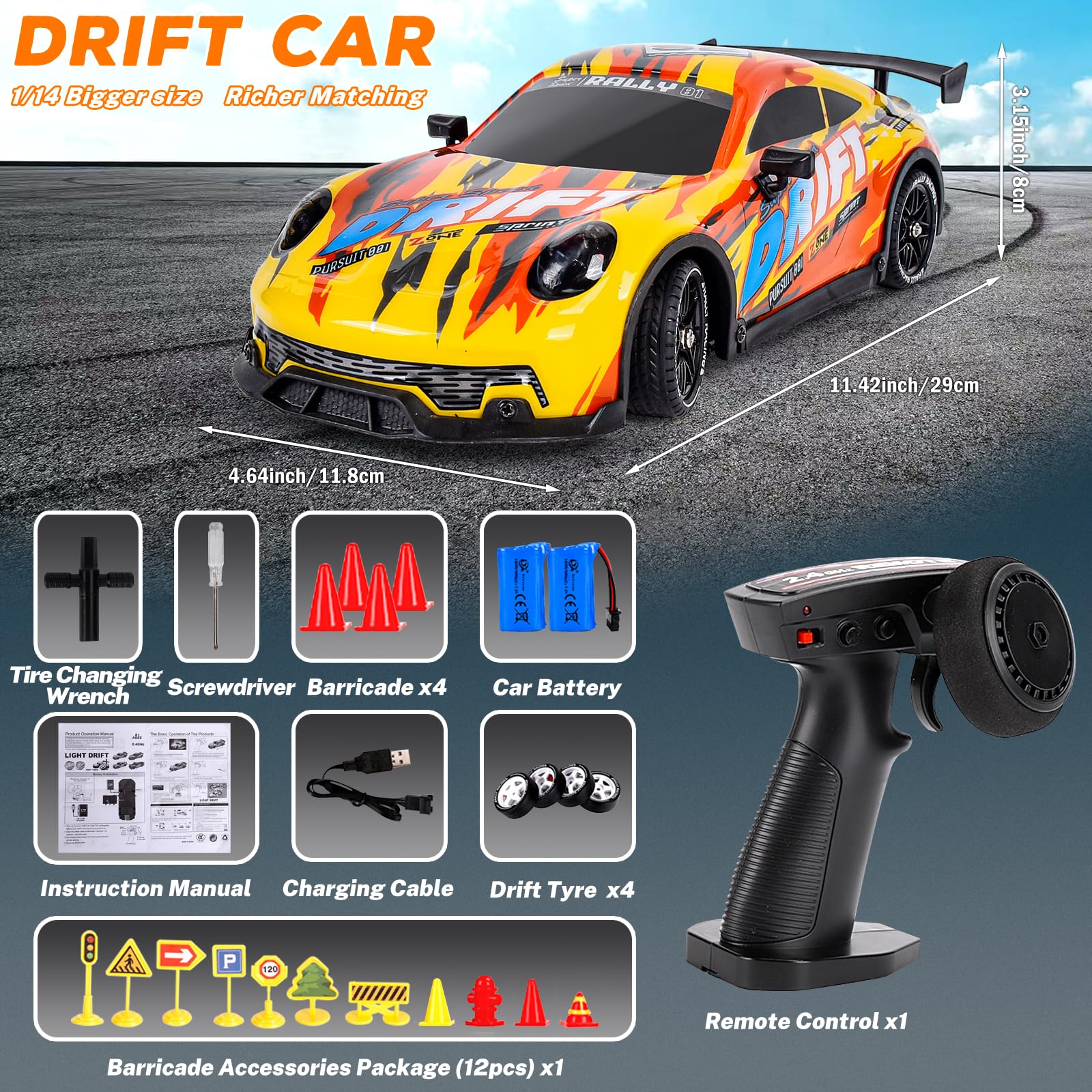 JONRRYIN Drift zdalnie sterowany samochód, RC Drift Car, 1:14 4WD pilot zdalnego sterowania, samochód wyścigowy z funkcją dryfowania, diody LED, 25 km/h, zabawkowy samochód dla dorosłych i dzieci od 8