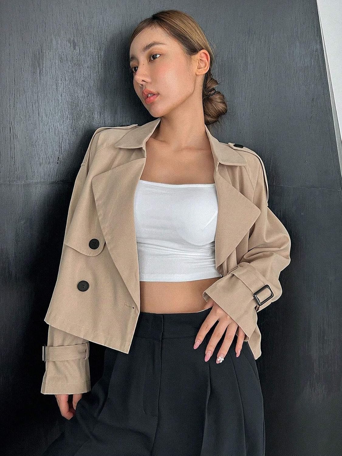 Women's Trench Coat Casual Business Double-Breasted Short Trench Coat Long Sleeve Classic Overcoat