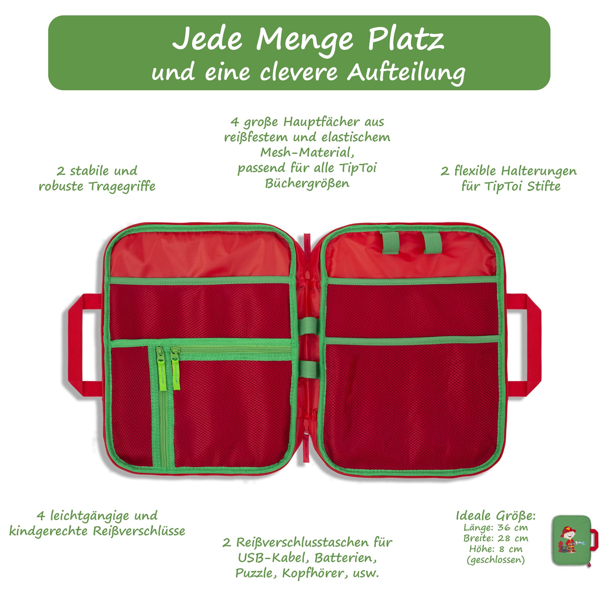 GRINSEZWERGE Tasche für TipToi im Feuerwehrmann Design I Aufbewahrung für TipToi Stift, Bücher & Zubehör I Kinder Tablet Tasche I Tragetasche für Edurino Figuren