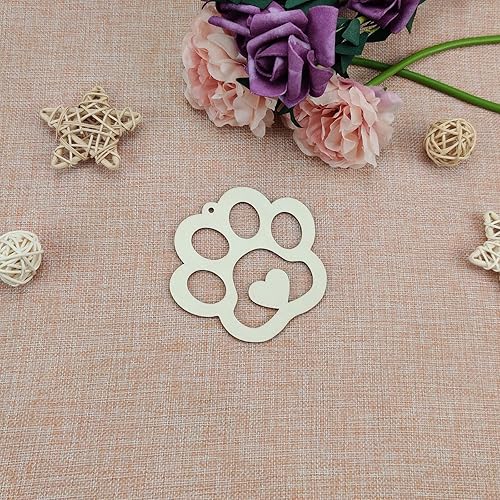 Miniatura 3 de 20 piezas de patas de perro, corazón, madera, manualidades, recortes, garra de gato, adornos colgantes en forma de corazón con cordeles de yute,
