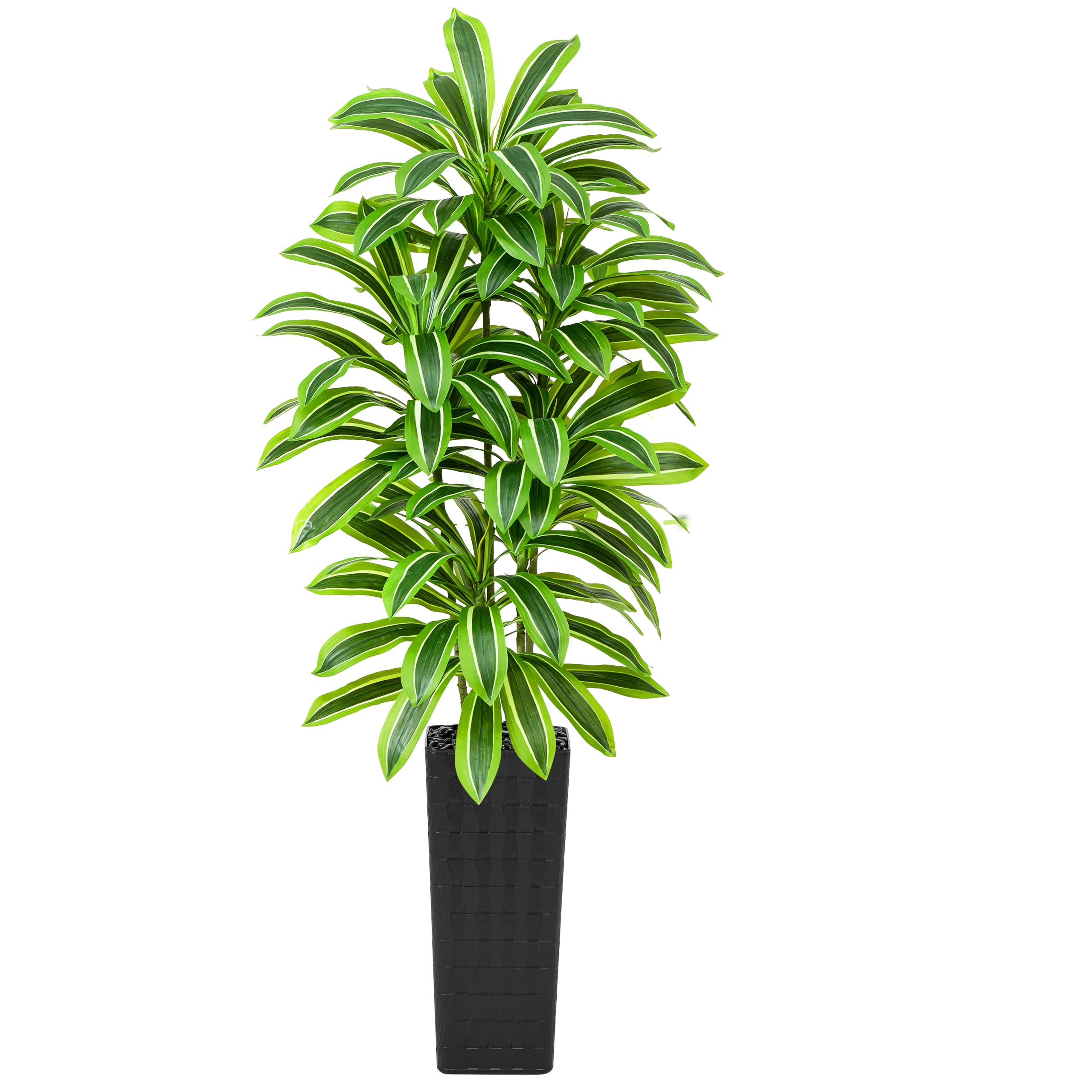TNGGNT Artificial Dracaena Tree, 7FT Faux Silk Tropical Yucca Floor Trees Realistic Fake Green Plant with Natural Wood Trunk & Lifelike Leaves for Home Office Decor Indoor & Outdoor (1, Black 2, 7FT)