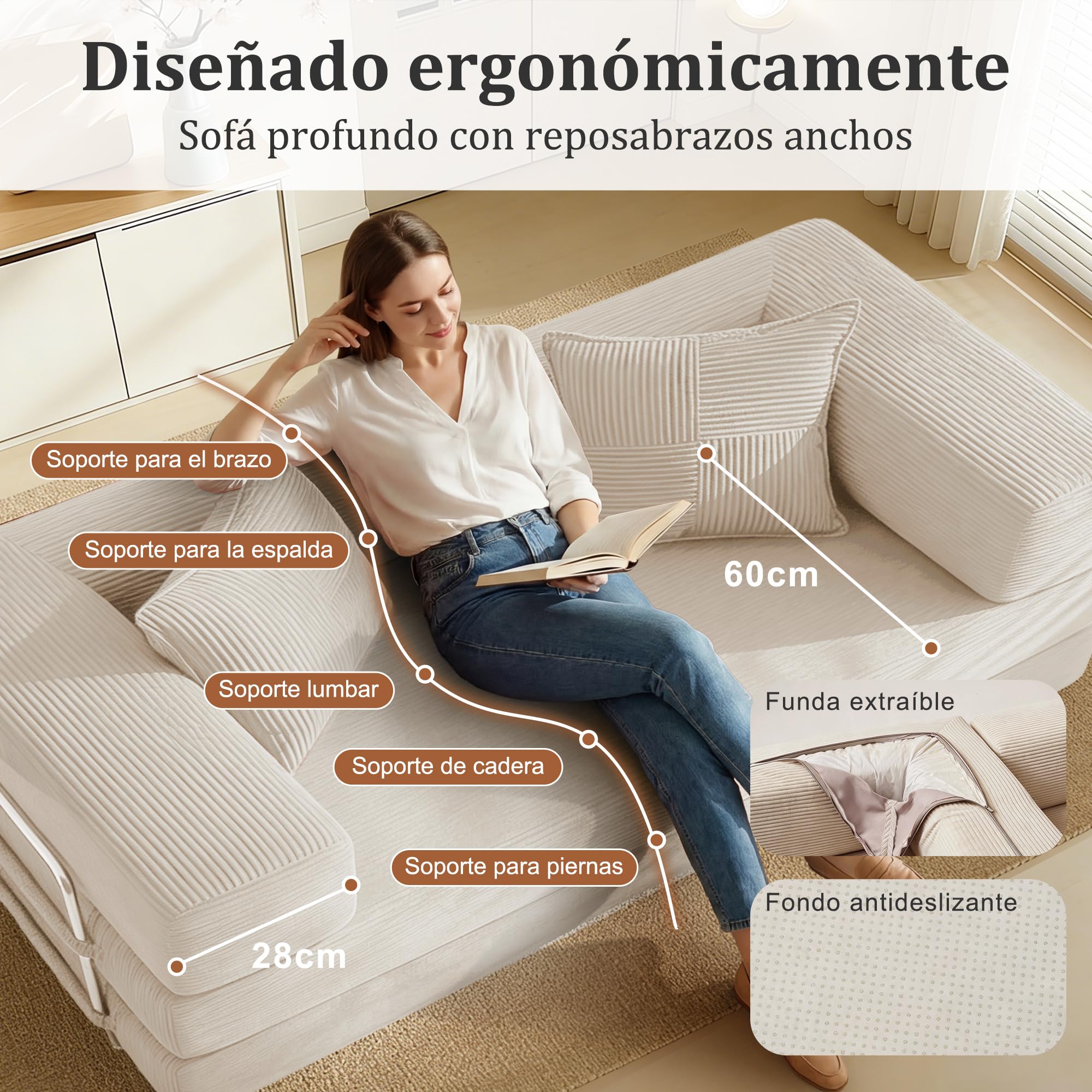 Vipbear Sofá Cama de Suelo 160cm,Plegable de Boneless de 2 plazas,Blanco | Desmontable,Plegable 5 en 1,Pana,Modular