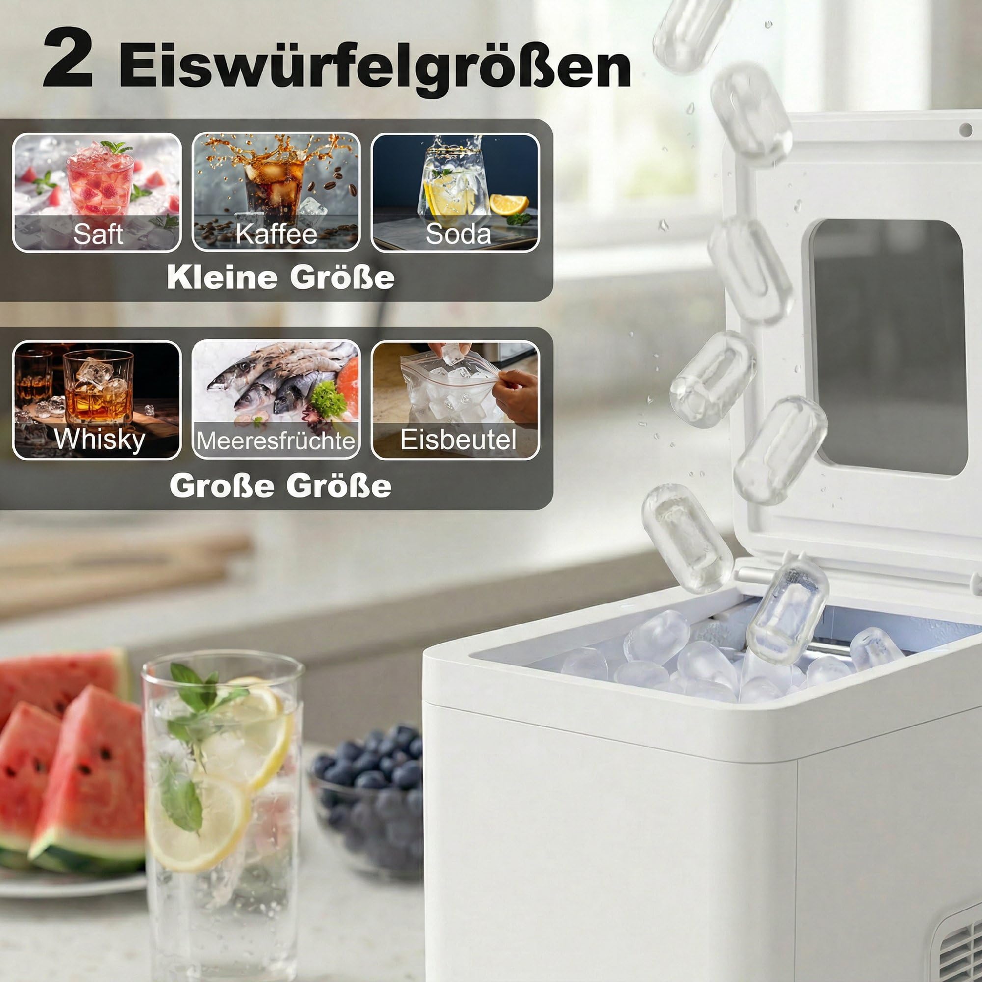 HOMCOM Eiswürfelmaschine Klein, 12 kg 24 Std., 9 Eiswürfel in 7-10 Minuten, 2 Größen von Bullet-Eiswürfeln, Ice Maker Selbstreinigend Eiswürfelbereiter mit Eisschaufel und Korb, für Küche, Büro, Party