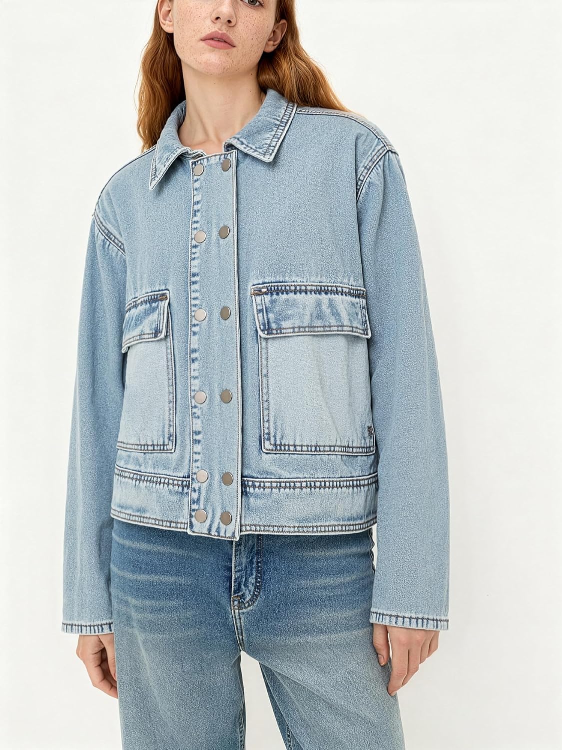 EMMIOL Womens Jean Jackets Long Sleeve Double-breasted Button Casual Denim Coat with Pockets - Image 3