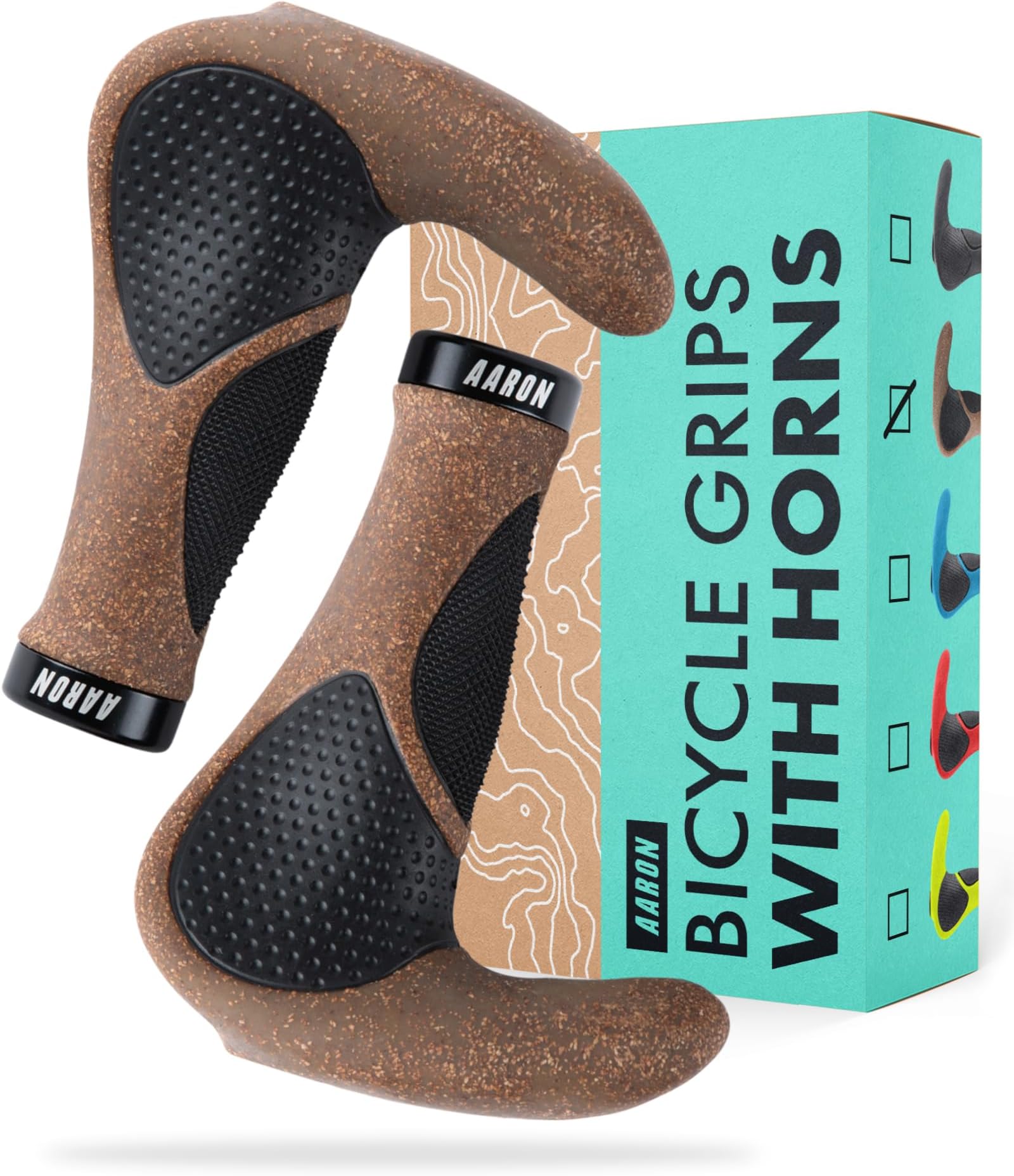 AARON Horn Handlebar Grips with Gel Cushioning, Ergonomic Handlebar Horns Made of Non-Slip Rubber, Bicycle Grips for E-Bike, Trekking Bike, Mountain Bike, Touring Bike, Black