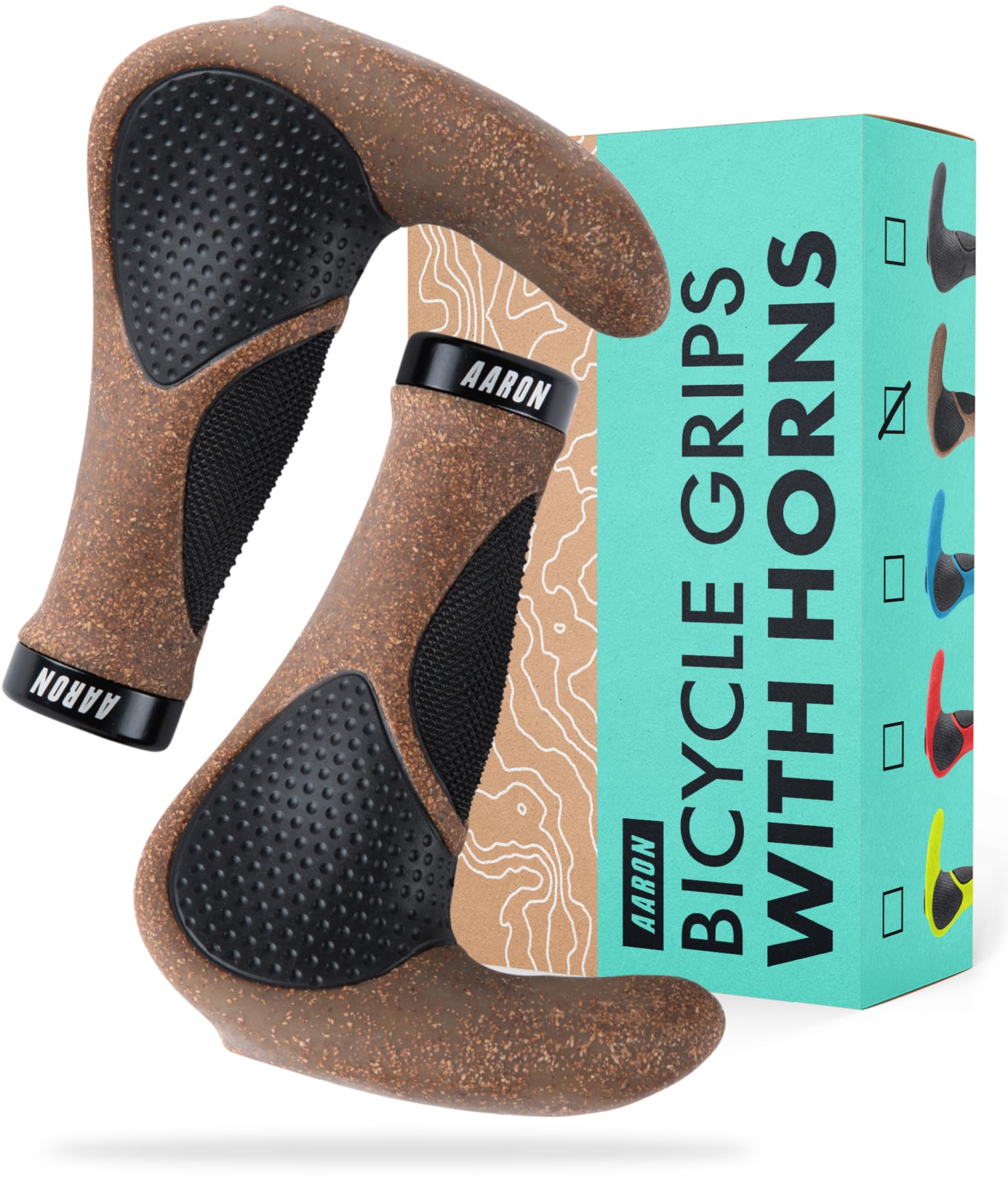 AARON Horn Handlebar Grips with Gel Cushioning, Ergonomic Handlebar Horns Made of Non-Slip Rubber, Bicycle Grips for E-Bike, Trekking Bike, Mountain Bike, Touring Bike, Black