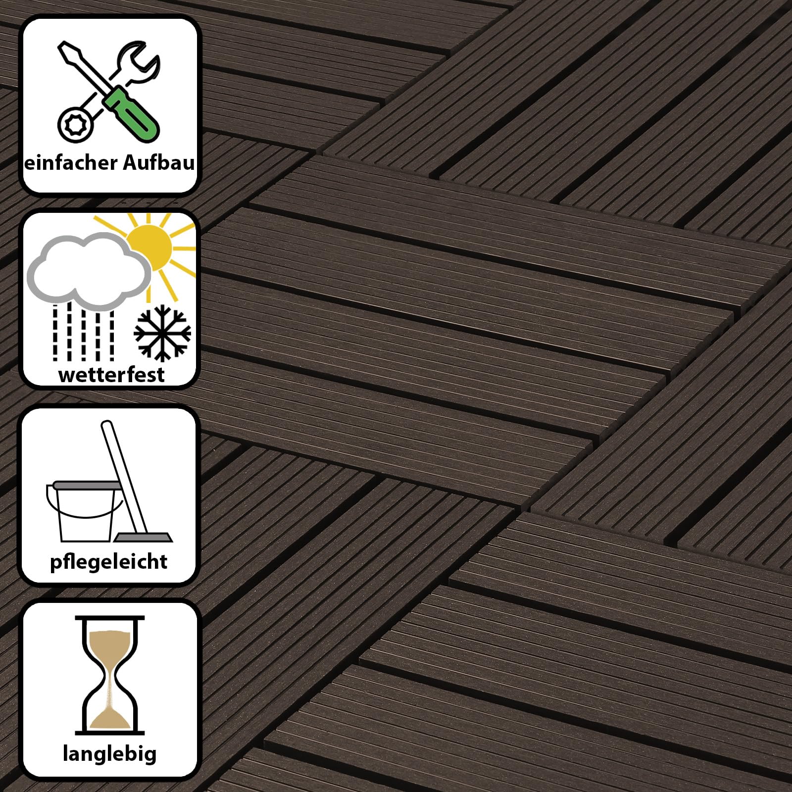 Montafox Piastrelle WPC 30x30 cm 11 Pezzi / 1 m² o 22 Pezzi / 2 m² a Incastro Effetto Legno Pavimento per Terrazza e Balcone, Dimensione:2 m² | 22 Piastrelle, Colore:Marrone Scuro