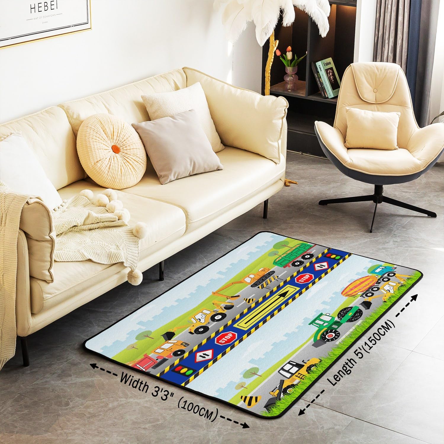 Loussiesd Tappeto con escavatore per bambini, per macchinari, trattori, camion, soggiorno, set di tappeti da costruzione, carino, tappeto decorativo per la scuola, auto, veicolo d'accento, tappeto 150