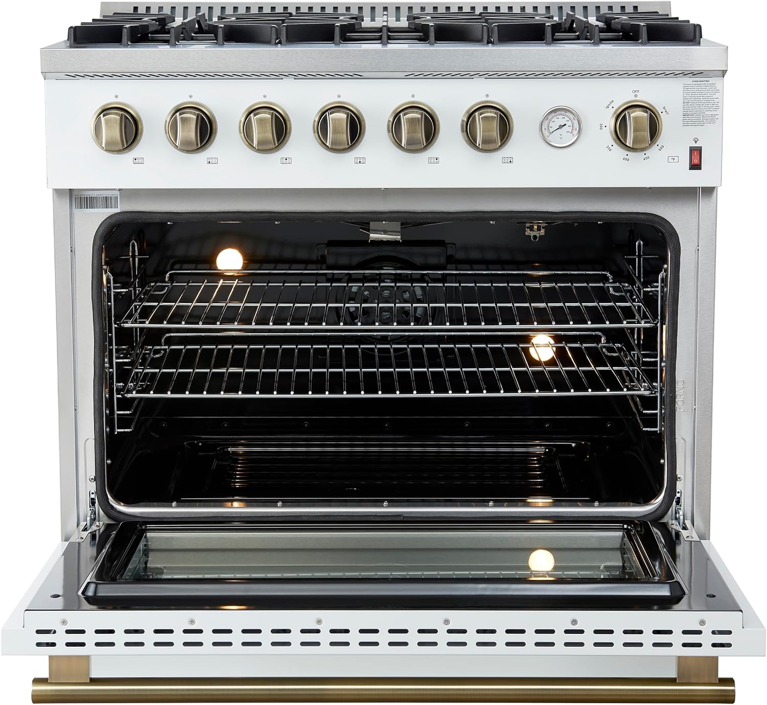 Forno Marco 36 Inch Gas Range with Antique Brass Accents, 6 Sealed Burners 67,000 BTU, Large 5.36 cu.ft. Convection Oven with Temperature Gauge, Professional Freestanding Kitchen Stove - White