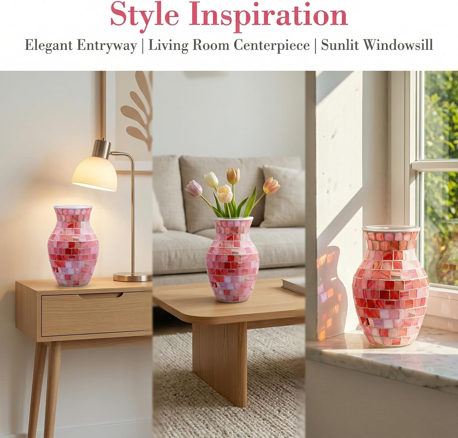 8" H Pink Mosaic Vase.Exquisite Craftsmanship.Decor Home Modern Midsize All Handmade Mosaic Vases .Beautiful Glass Vase for Home&Office Decor.Unique Gift