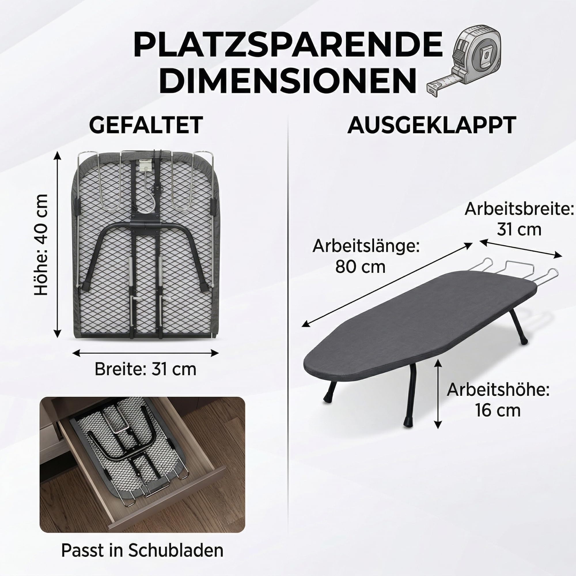 Tischbügelbrett Klappbar | Mini Bügelbrett aus robustem Metallgitter Hitzebeständiger Bezug & 8mm Dickes Baumwollpolster | Platzsparendes Bügeltisch für kleine Räume, 80x30x16cm