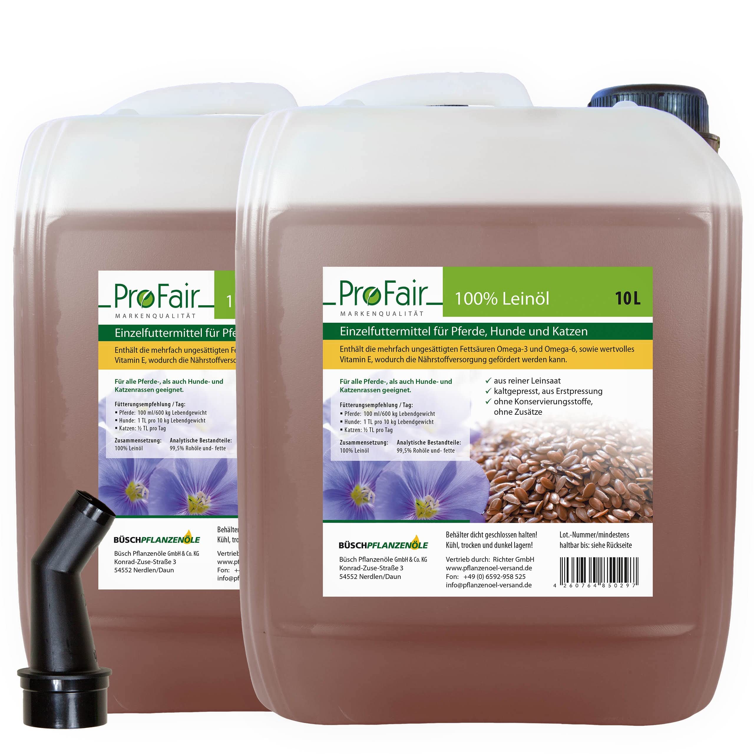 20 Liter ProFair Leinöl (2 x 10L Liter) kaltgepresst, 100% aus Reiner Leinsaat, ohne Zusätze, Einzelfuttermittel für Pferd, Hund und Katze