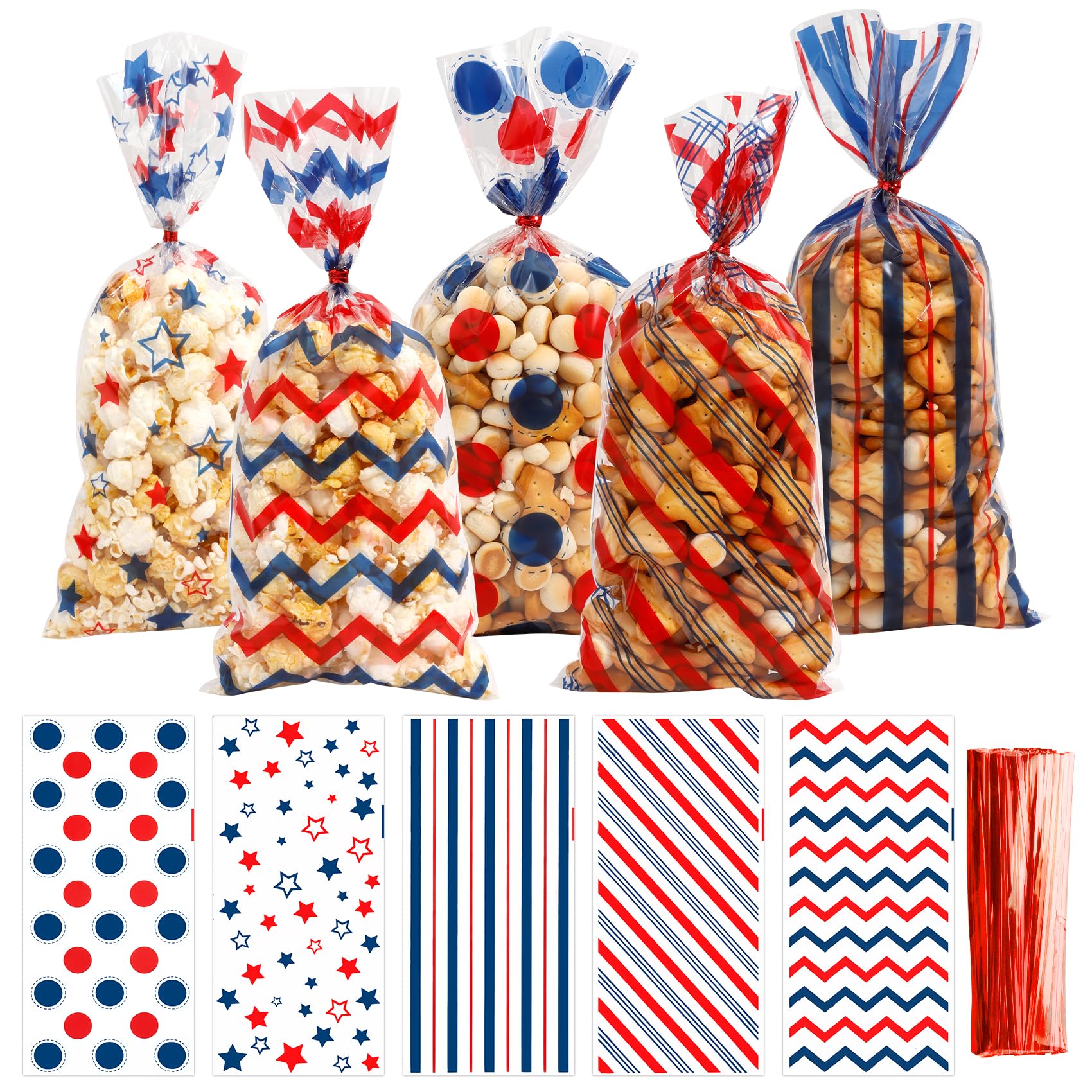 4th of July Patriotic Cellophane Treat Bags, 100PCS Patriotic Candy Bags, Plastic Clear Cello Red White Blue Cookies Goodie Gift Bag for Independence