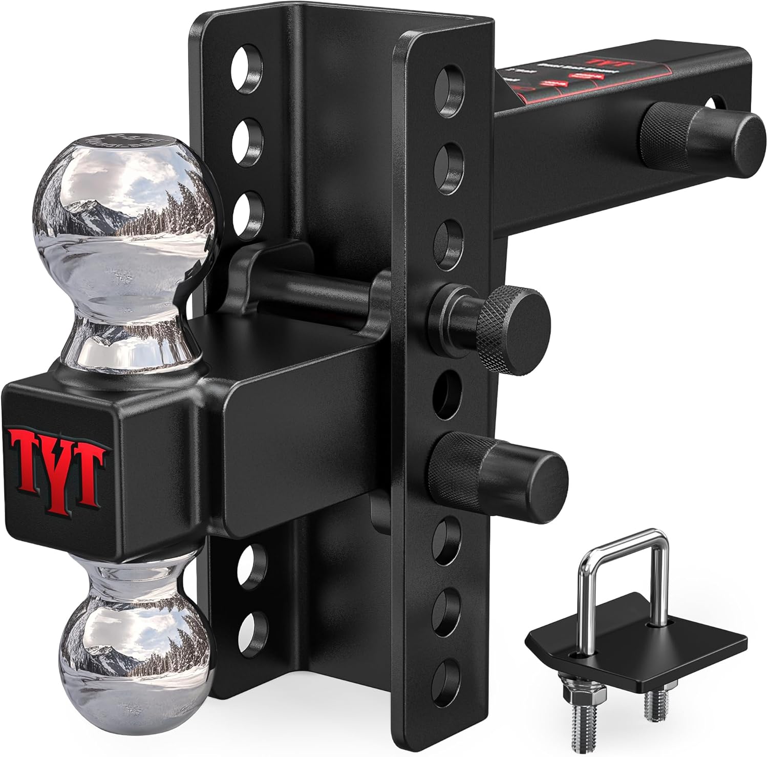 TYT Adjustable Truck Trailer Hitch for 2.5 inch Receiver, 6" Drop/Rise Tow Hitch with Dual Balls (2" & 2-5/16"), Includes Two Pin Locks & Hitch Tightener