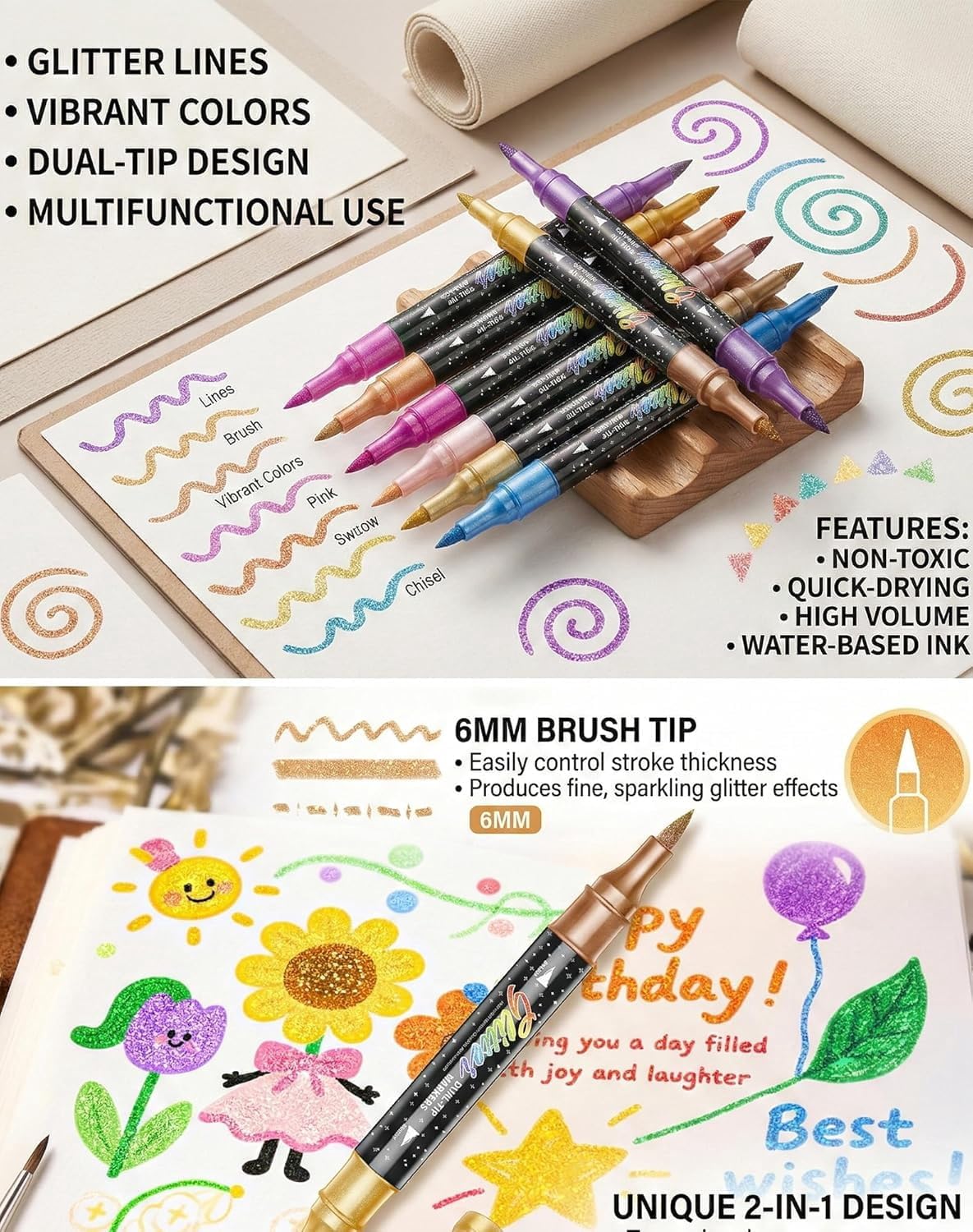 Farbige Glitzereffekt-Pinselmarker, 24/48/72/96 Farben, Doppelspitze, Glitzerstifte, glitzernde Metallic-Lackstifte, zum Ausmalen, Scrapbooking, Karten, Bastelbedarf