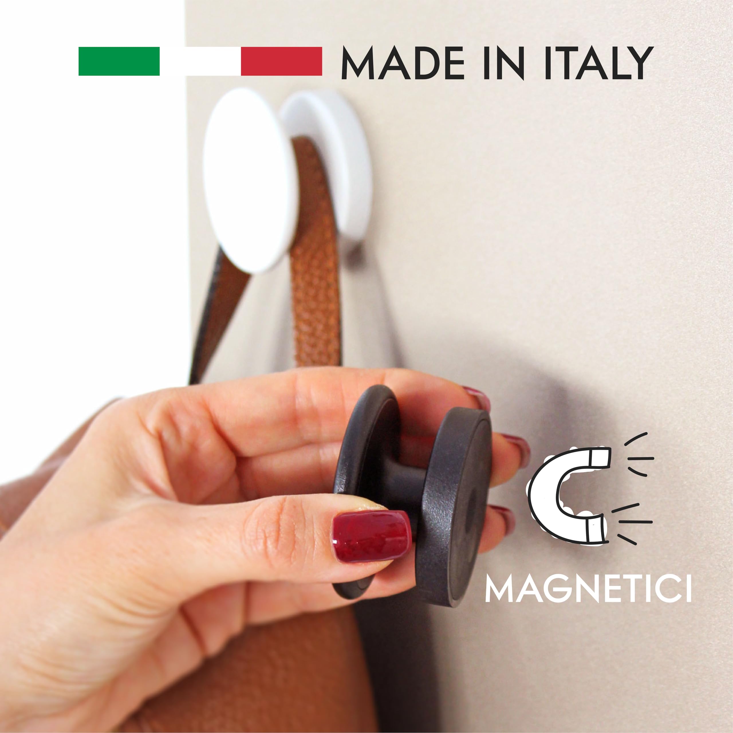 KalaMitica - Set 2 Appendi Cappotto e Appendi Borse Magnetici Piccoli, con Magnete permanente al Neodimio, Antiscivolo e Antigraffio - Bianco Laccato/Nero Laccato