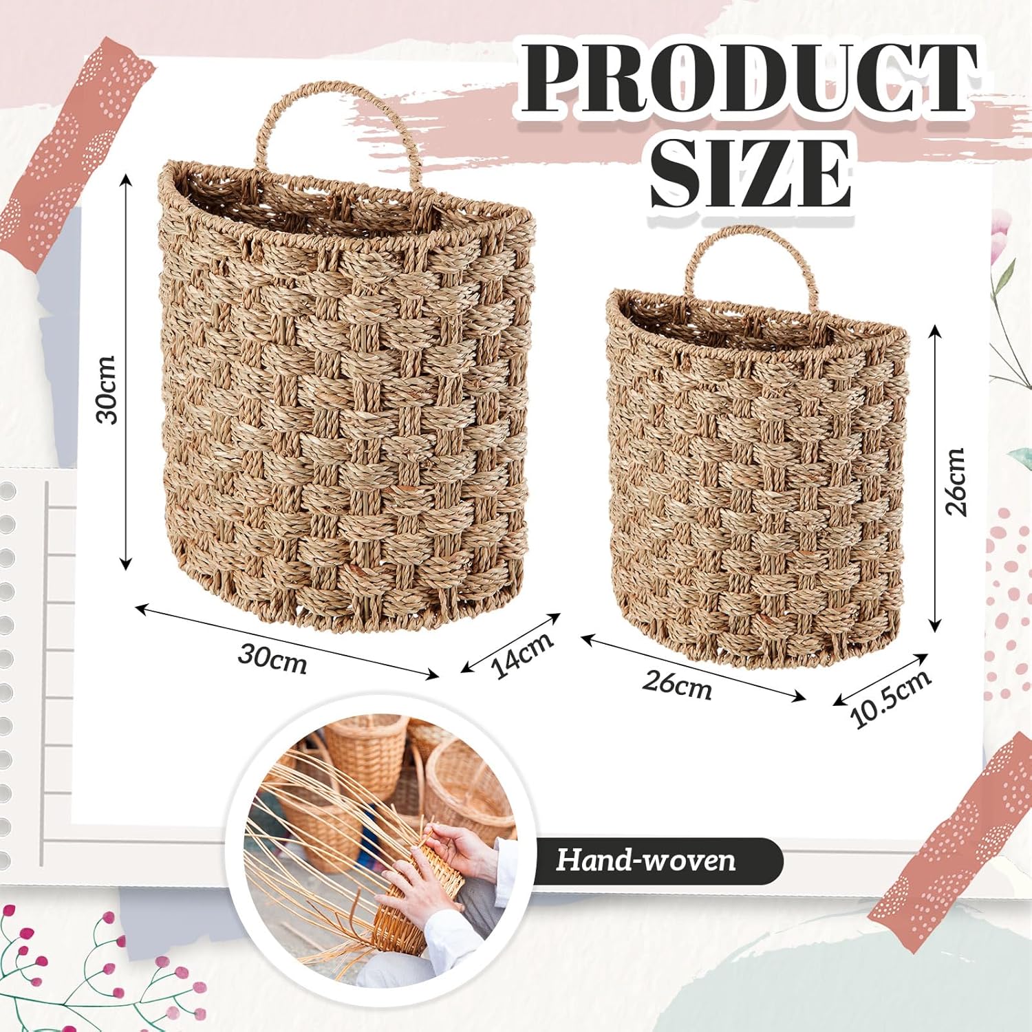 Chunful 2 Pcs Seagrass Hanging Wicker Basket, Natural Wicker Decorative Baskets, Handmade Woven Storage Organizer for House Garden Wedding Wall Decorations, Large & Small Size