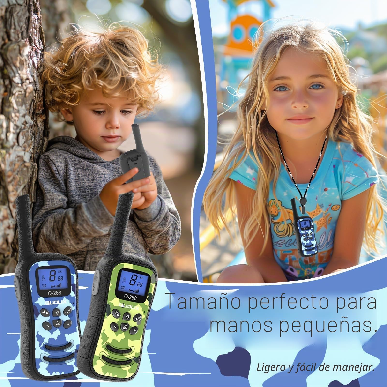 Walkie Talkie Niños 4pcs, Recargable Largo Alcance Walkie Talkie Niña Camuflaje - 8 Canales con Batería Li-Ion Linterna Función SOS y VOX, para 3-12 Años Exteriores Camping Senderismo