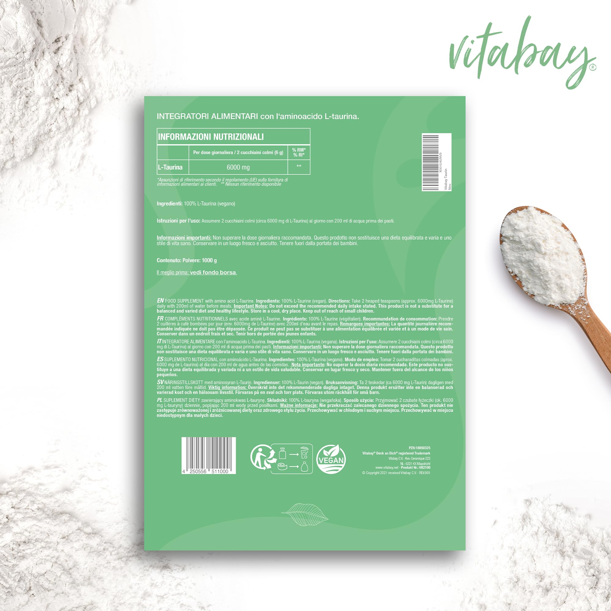 vitabay Taurina Polvere 1 kg – Taurina 6000 mg Taurina Vegan Polvere Senza Additivi – Taurina 1000 mg Taurina ad alto dosaggio Taurina Supplemento Taurina Taurina Polvere