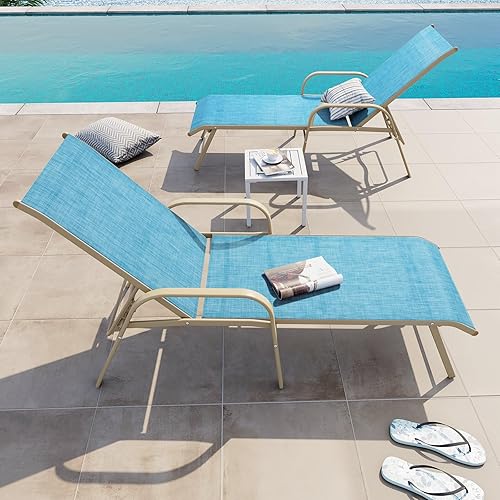 Miniatura 2 de Crestlive Products Silla de Tumbona de Exterior con Respaldo, Juego de Sillas de Piscina de 2, Tumbona de Bronceado Ajustable de Aluminio con 5