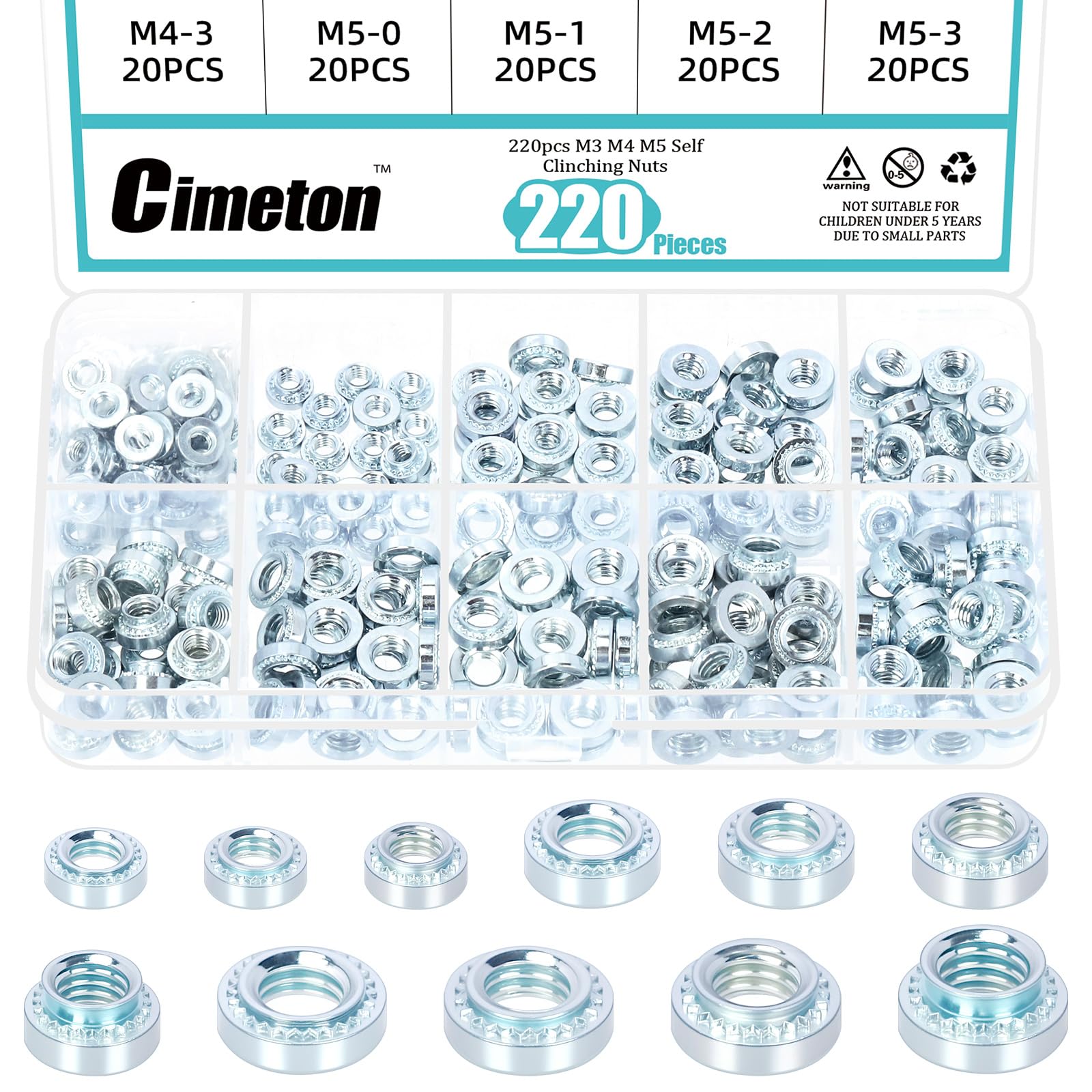 Cimeton 220PCS Self Clinching Nuts M3 M4 M5 Zinc Plated Rivet Nut Fastener Knurled Self Clinching Nut Fastener for Machinery Electrical Products