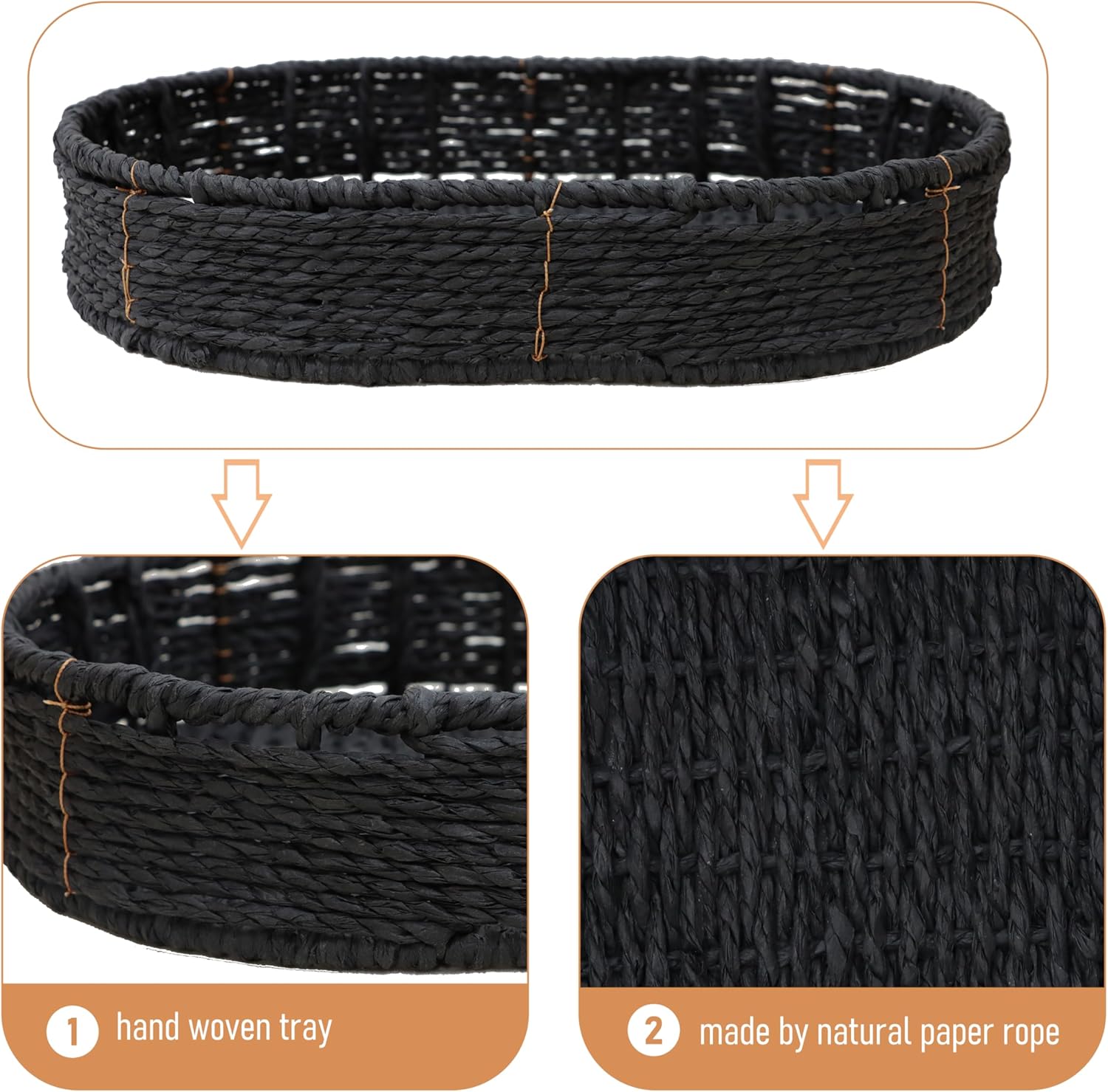 3-Tier Woven Basket Stand with Handle, Black Metal Frame with Paper Rope Baskets, Detachable Trays, Adjustable Feet, 11.8"L x 28"H (Black)