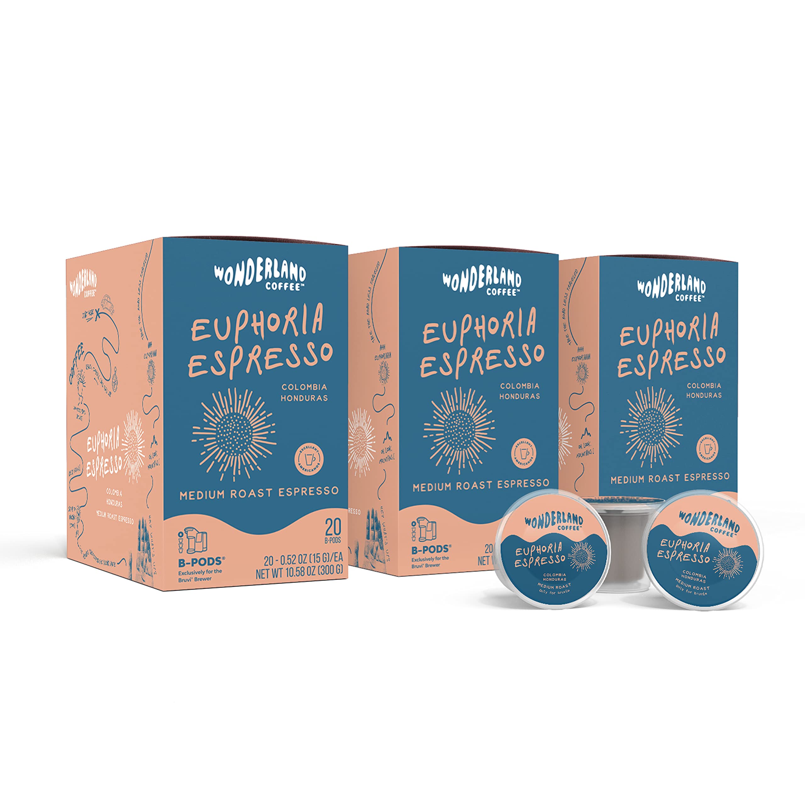 Wonderland Coffee | Euphoria Espresso B-Pods | Only Compatible with Bruvi Single-Serve Coffee Brewer | Includes 60 Pods