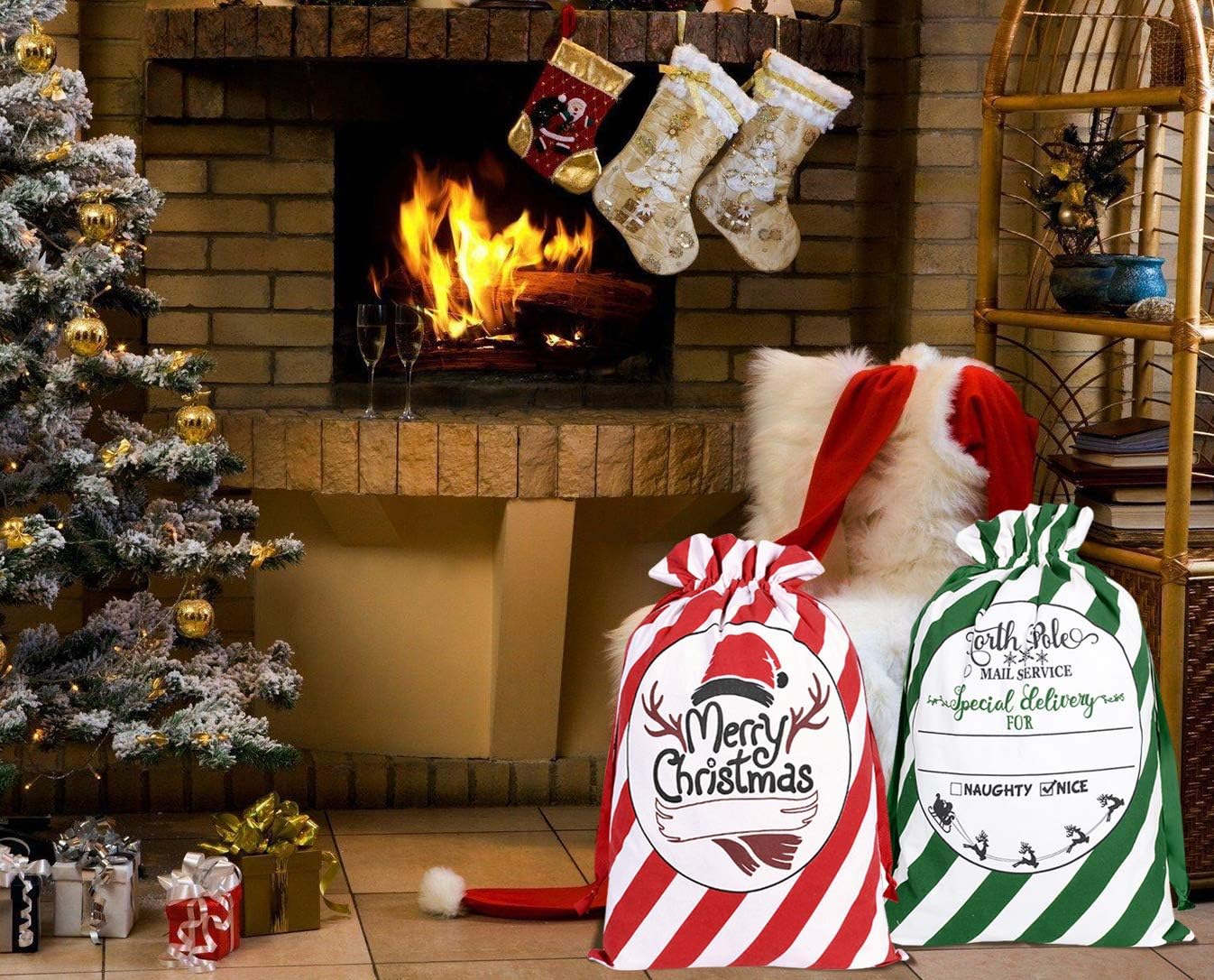 AOUTACC 5 Pack Large Christmas Drawstring Santa Sacks Xmas Gift Bag, Reusable Extra Large Drawstring Xmas Santa Sacks Gift Bags Santa Stocking Gift Sack,Santa Burlap Sack Christmas Gift Bags