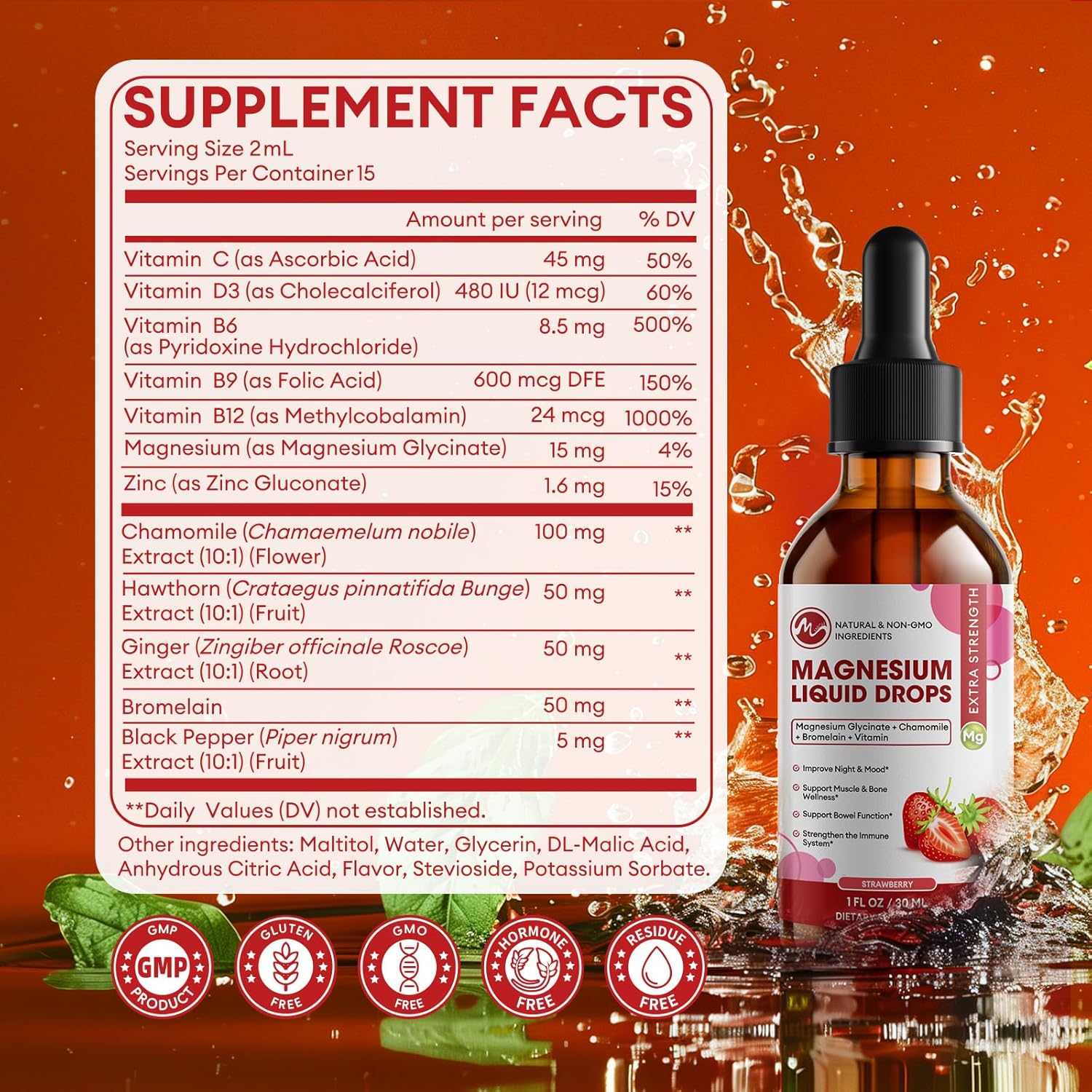 M inch Magnesium Glycinate Liquid, High Absorption Magnesium Liquid Drops with Chamomile, Hawthorn, Ginger Extract & Vitamin B6, B9, B12, C, D3, Magnesium Supplement, Strawberry Flavor, 2 Pack