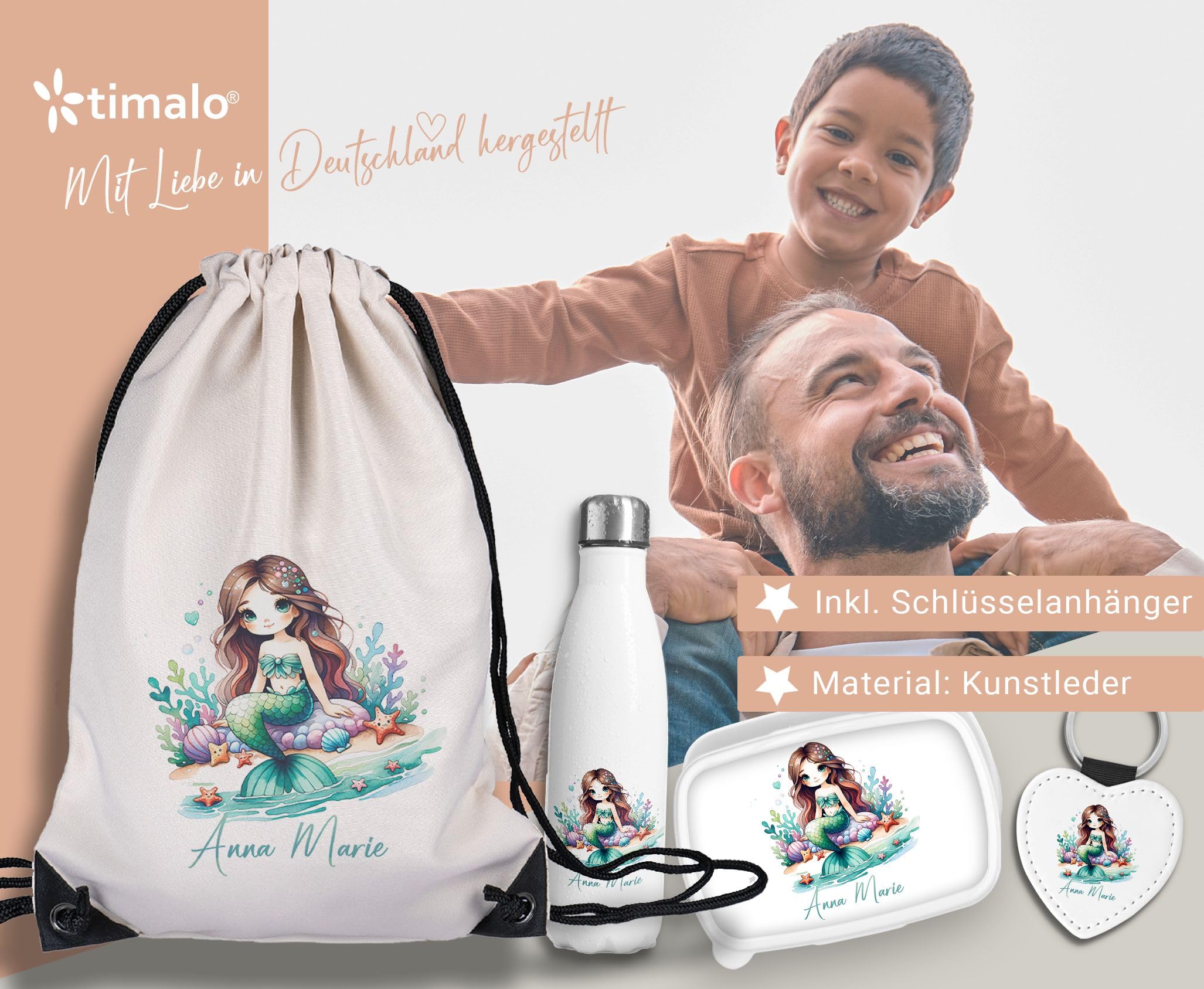 timalo Kinder Schulset Brotdose, Trinkflasche, Turnbeutel personalisiert mit Namen | Set Wasserflasche Edelstahl | Lunchbox mit Trennwand | Geschenk zur Einschulung & Kindergarten | 14 - Meerjungfrau