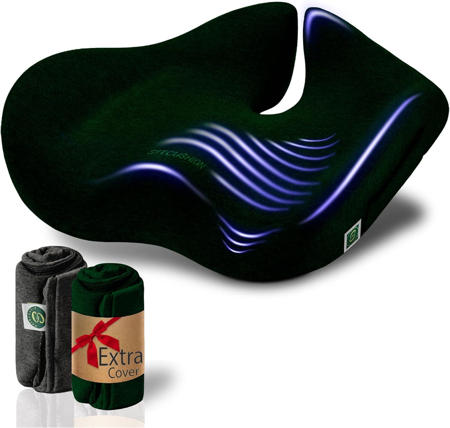 Pressure Relief Seat Cushion for Tailbone Pain – X Large Office Chair Cushion for Butt, Back Pain, Coccyx & Sciatica Pain Relief Pillow. Memory Foam Seat Cushions for Office Chairs. Extra Cover(Green)