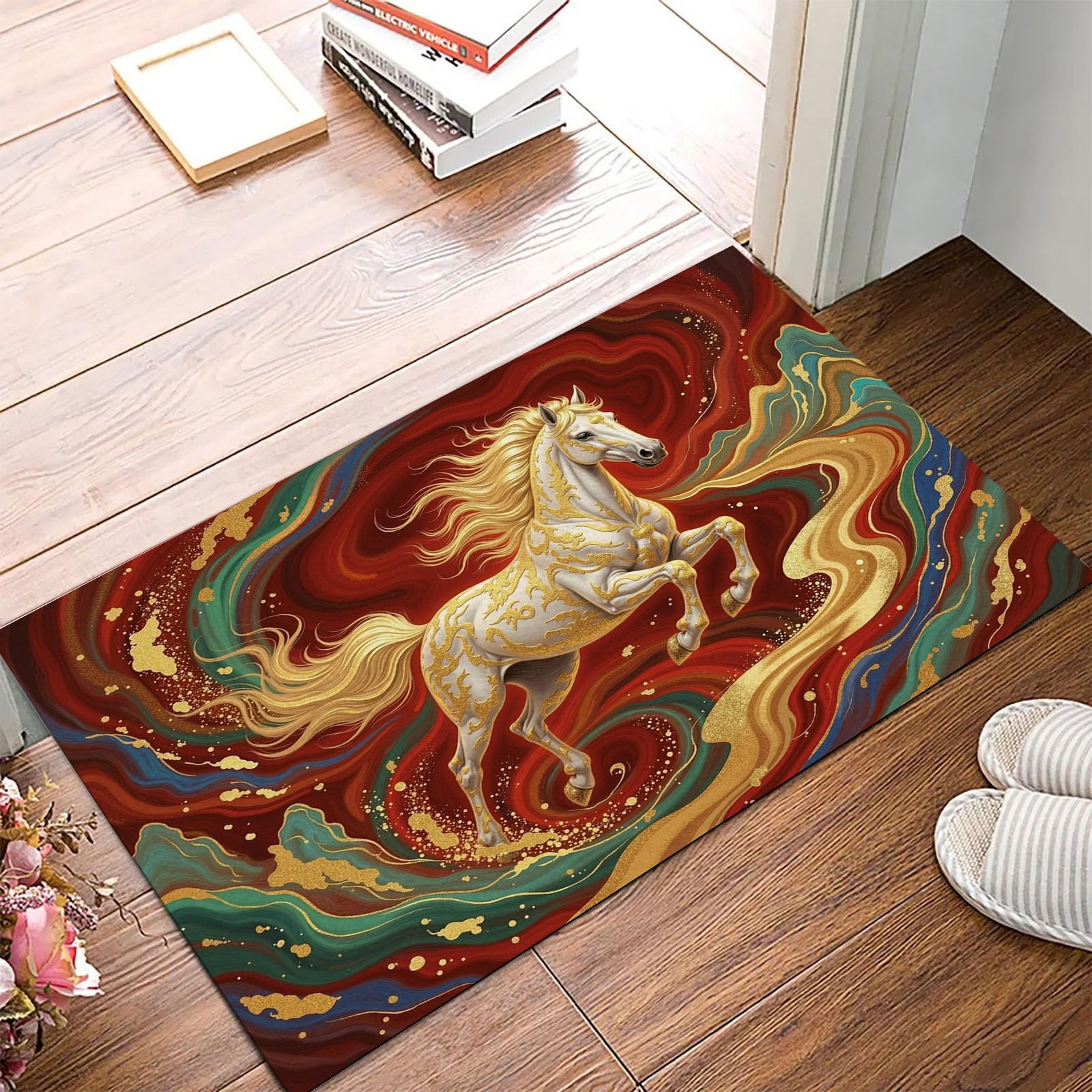 Tapis cheval doré 45x75cm avec vagues - Paillasson d'entrée rouge antidérapant et lavable