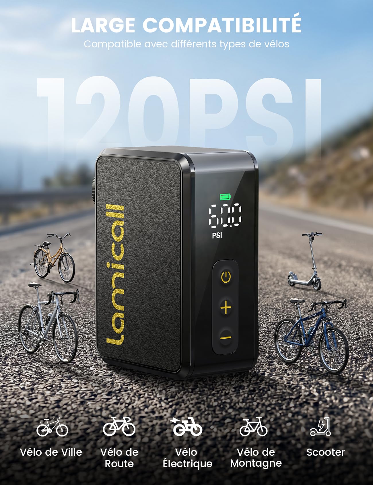 Lamicall Mini Pompe à Vélo Électrique - [Ultralégère] 120PSI Mini Compresseur Vélo avec HD Manomètre & Arrêt Automatique, 24L/Min Gonflage Rapide, Valves Presta/Schrader pour VTT/Vélo de Course/Route