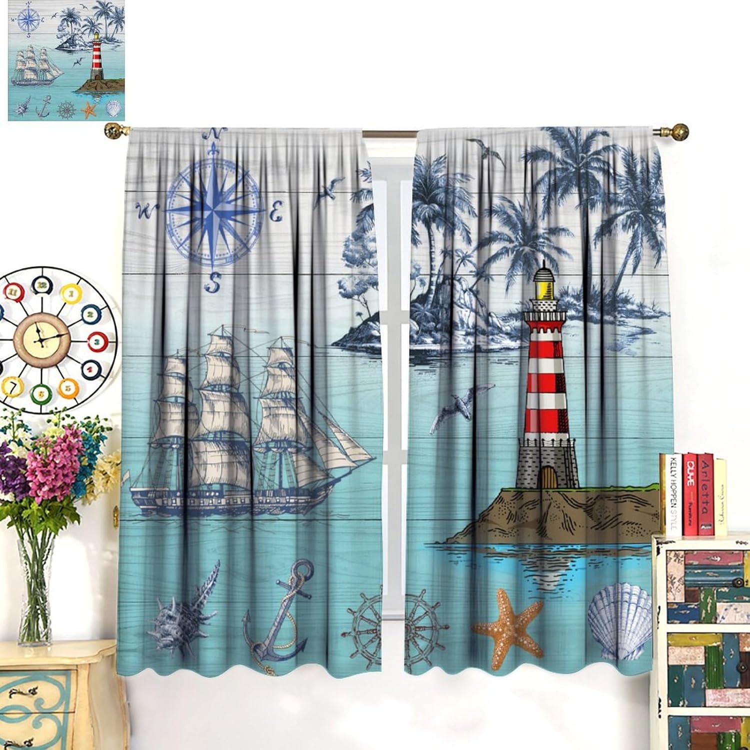 Blue Ocean Beach Curtains, Rustic Nautical Sailboat Anchor Compass Lighthouse Window Treatments Teal Sea Beach Theme Window Drapes for Living Room Bedroom Kitchen W72xL63in