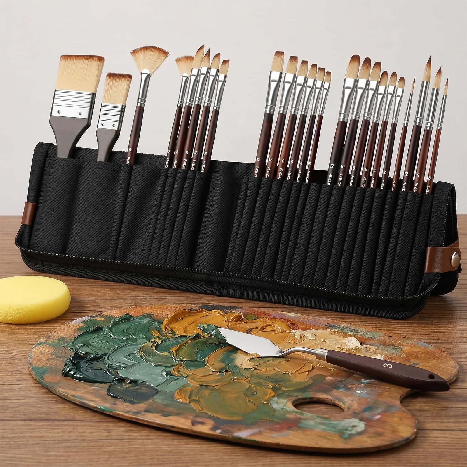 Juego de 26 pinceles para acuarela y pintura al óleo, pinceles de pintura acrílica de acuarela de viaje con plano, filbert, ventilador, daga, lengua de gato, redondo, cuchillo de paleta, kit de