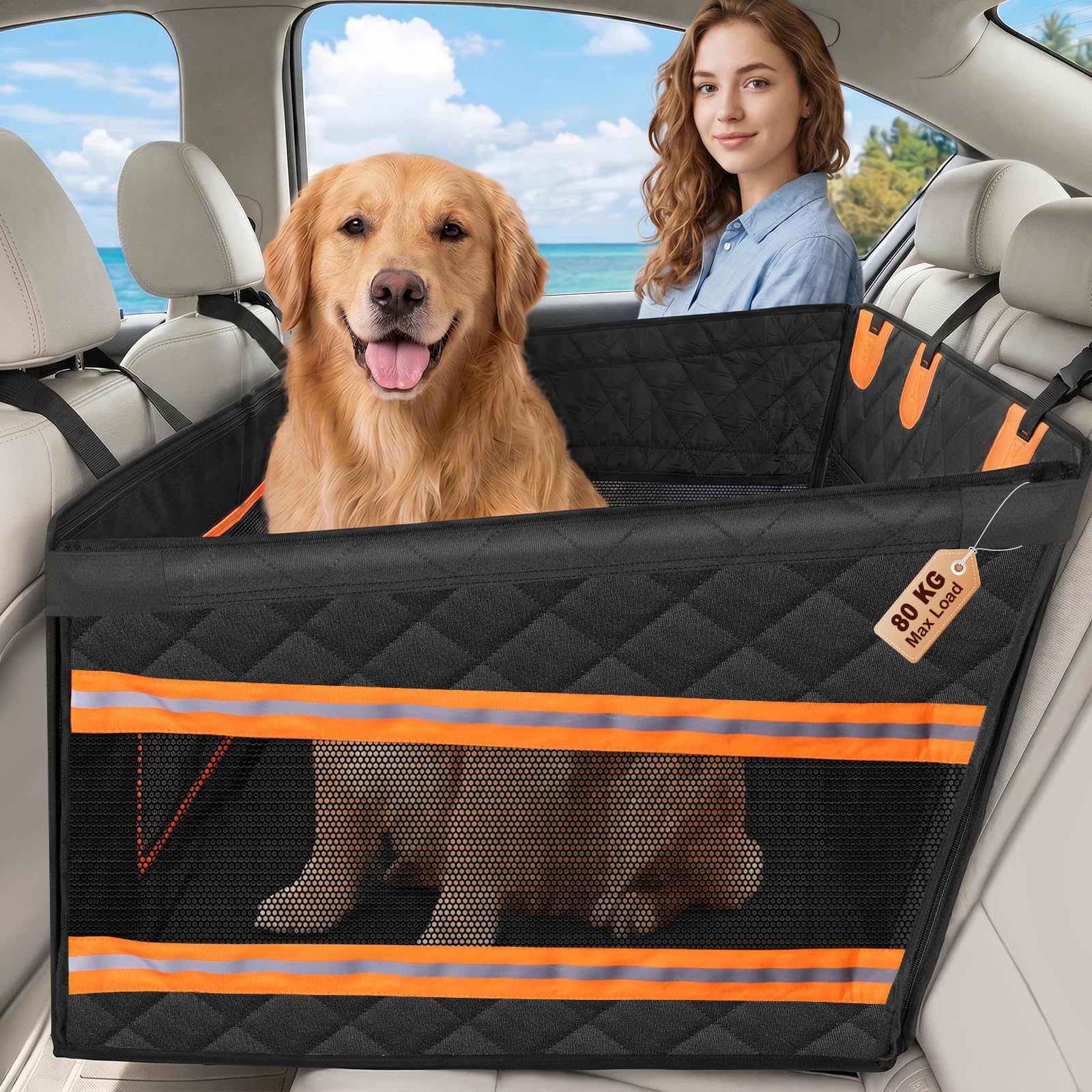 X XBEN Asiento de Coche para Perro Ampliado 50%, Asiento Reforzado para Perros con Resistencia 68KG, Silla Perro Coche con Red Ventilada y Cinturón de Seguridad, Impermeable y Antideslizante