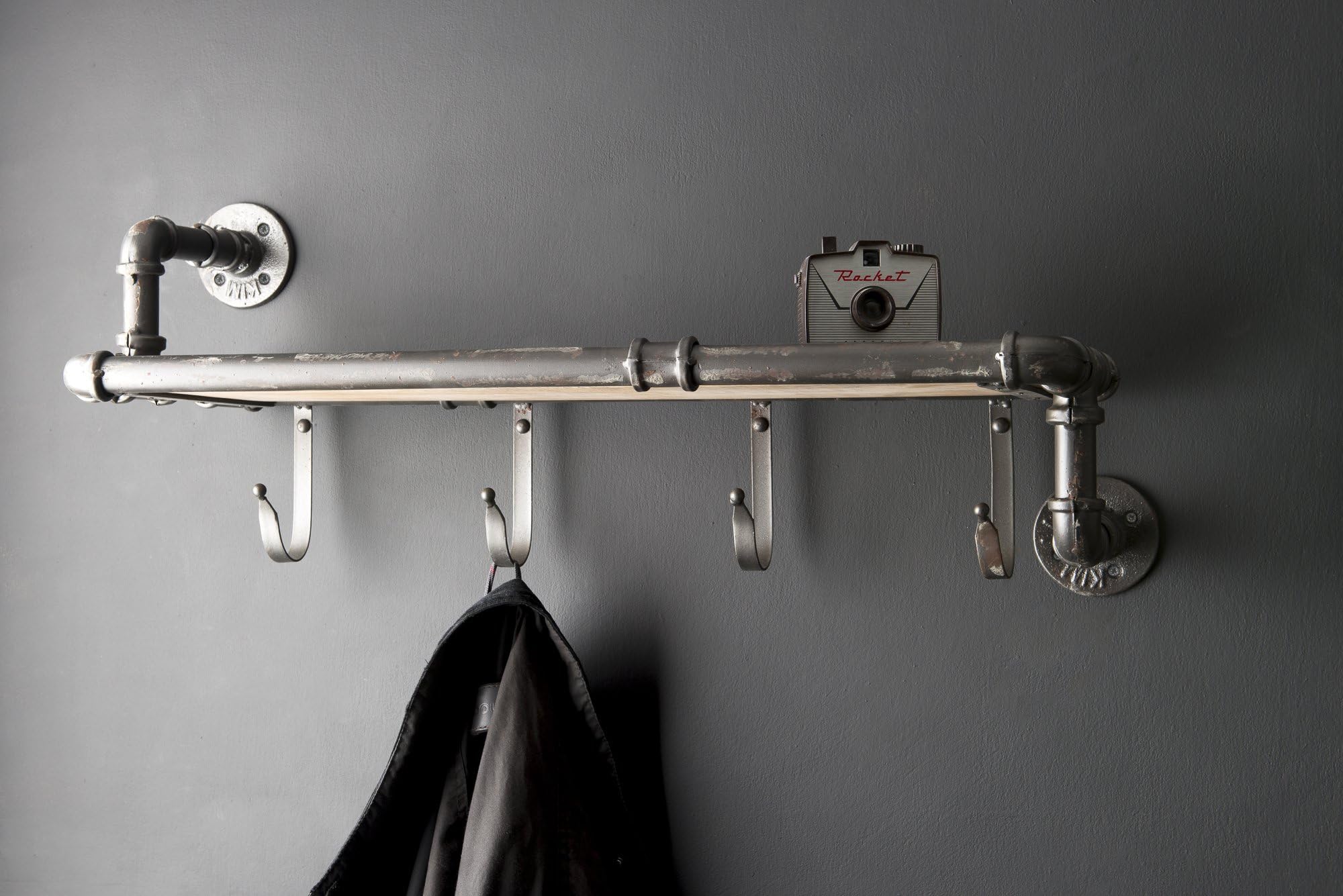 Industrial Style Pipe Shelf with Four Hooks Metal and Wood Vintage Hallway Coat Hooks Storage