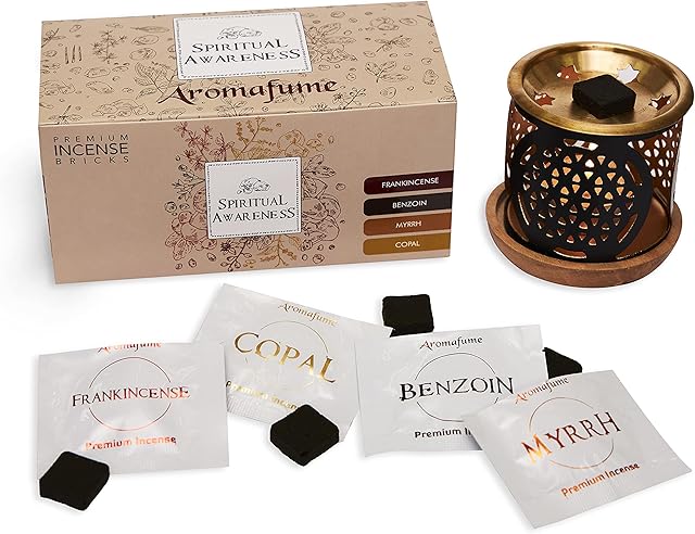 Spiritual Awareness Incense Brick Gift Set by Aromafume | 12 Brick & Flower of Life Exotic Burner | 3 x Frankincense, Myrrha, Copal & Benzoin | Ideal for Spiritual Cleansing & Enhanced Connection