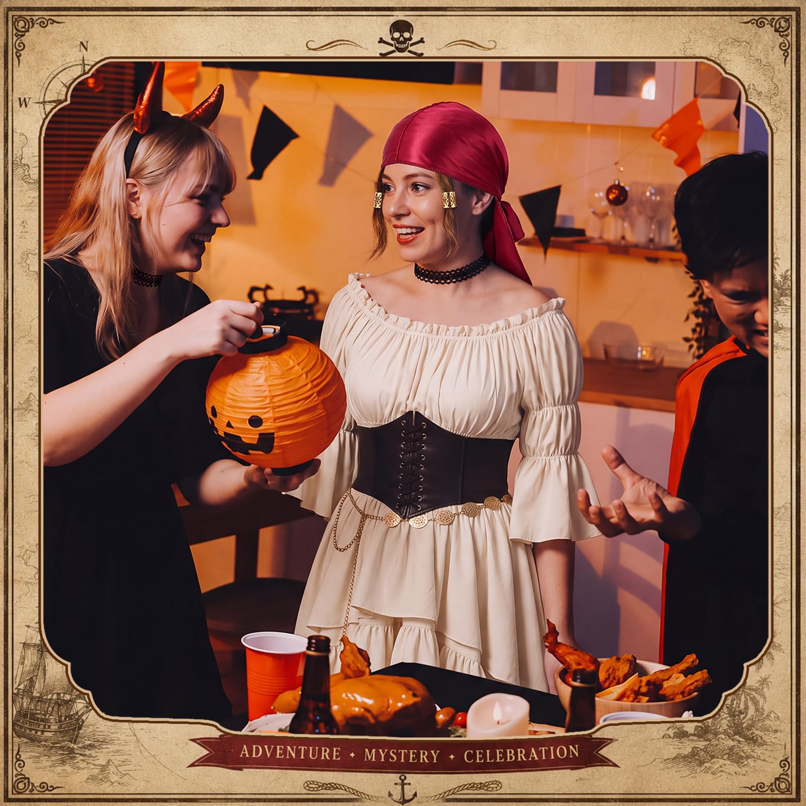 Twistover Halloween-Kostüm für Damen, Piratenkostüm, Zubehör, Kleid, Korsett, Kopftuch, Gürtel, Choker, Spitze, Strumpfband für Piratenkapitän, Verkleiden