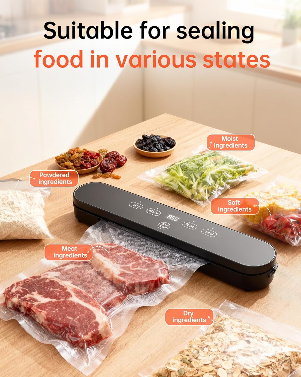 Vacuum Sealer, Automatic Food Preservation System with Digital Display, 75Kpa Super Suction Power, 20 Food Preservation Bags Included, Dry/Moist Food Modes, One-Touch Operation for Maximum Freshness - Image 5